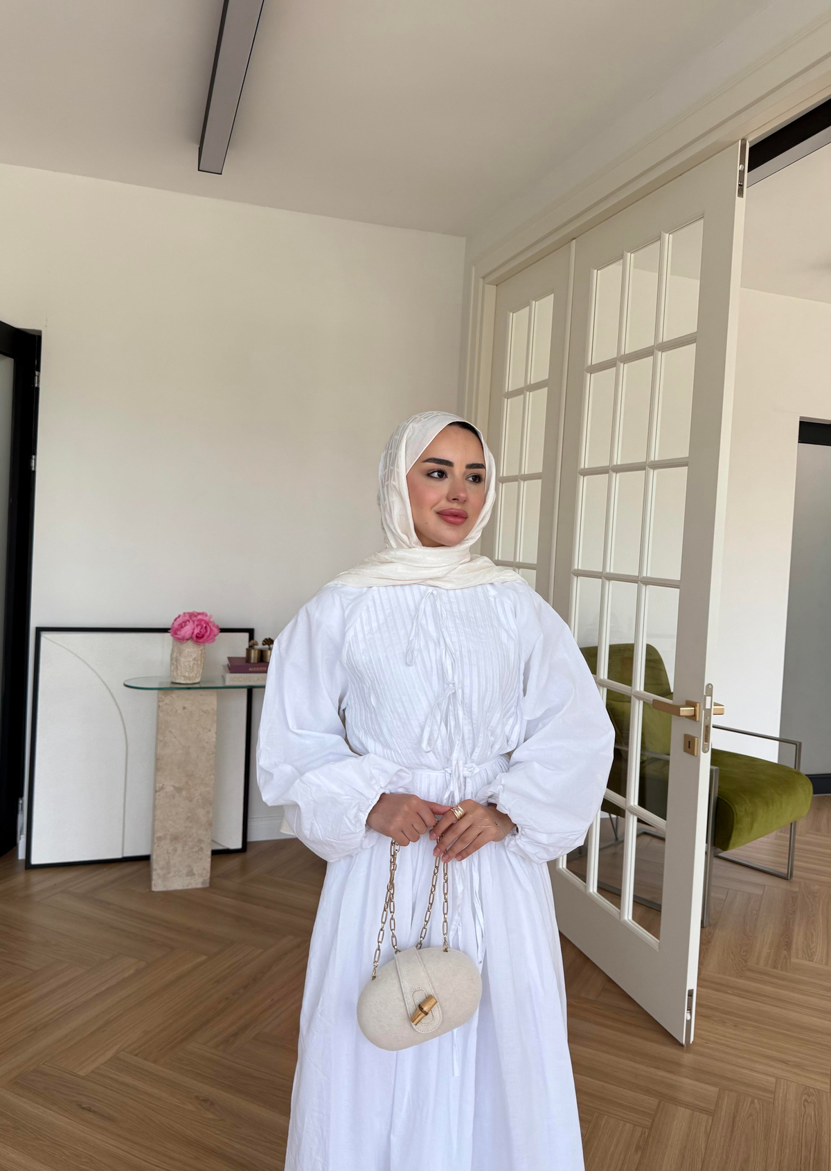 Nua Nervürlü Vual Elbise Ekru