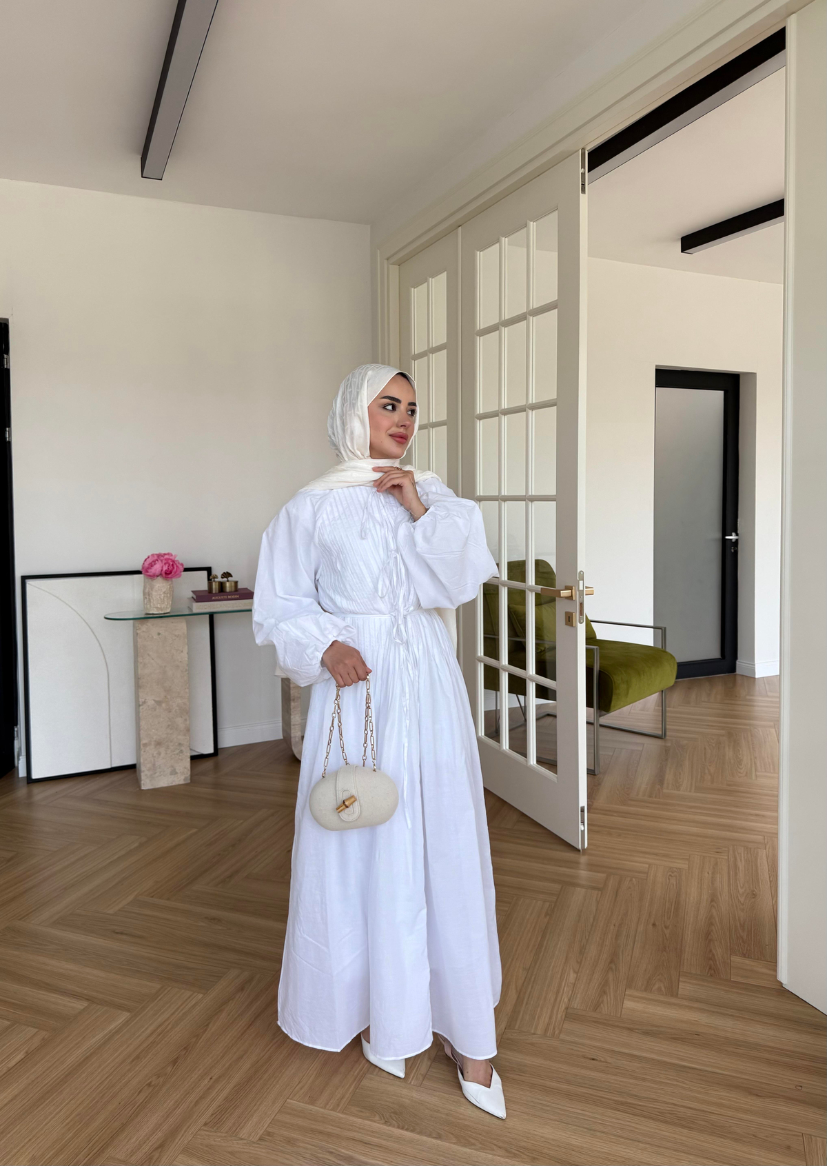 Nua Nervürlü Vual Elbise Ekru