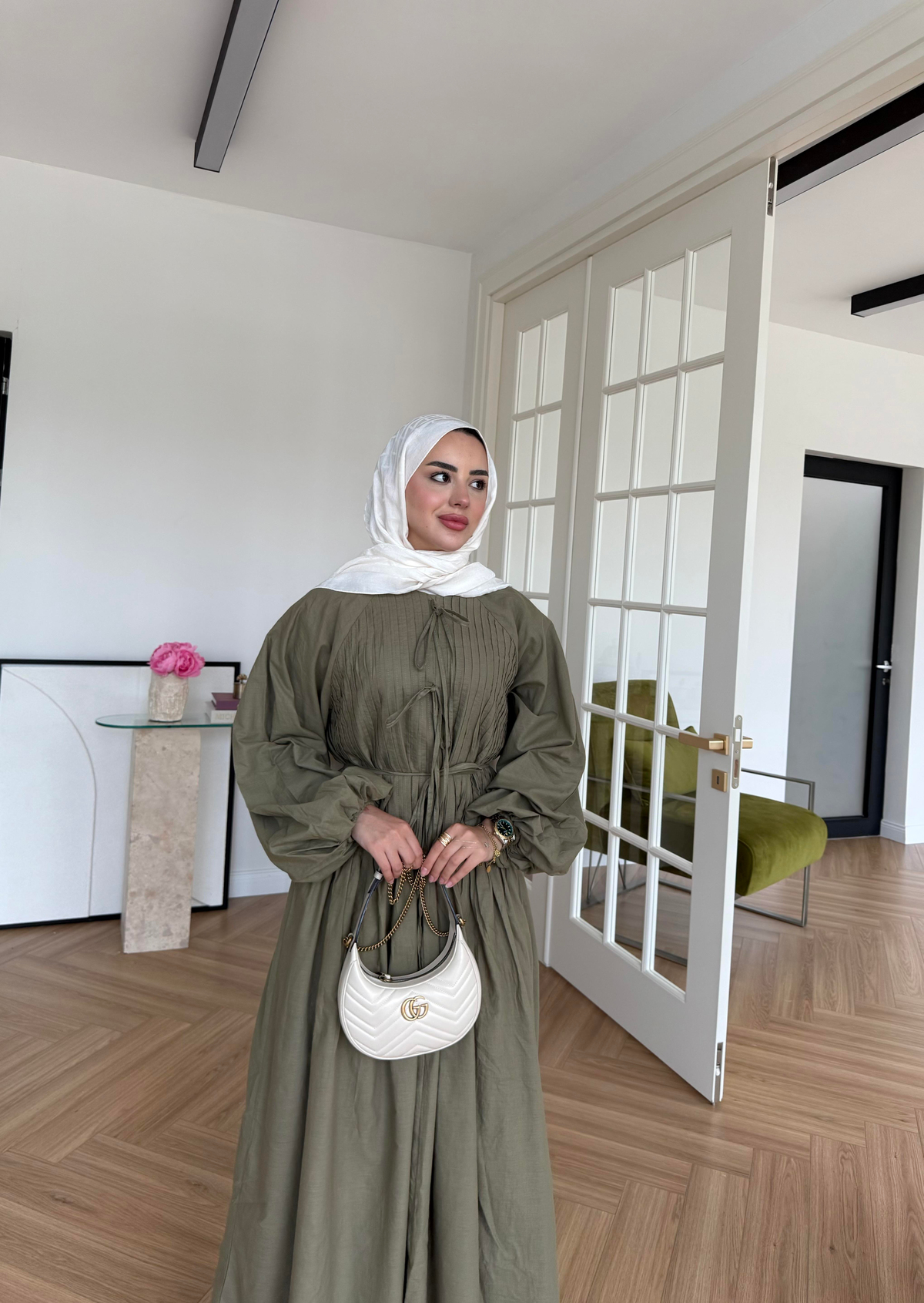 Nua Nervürlü Vual Elbise Haki