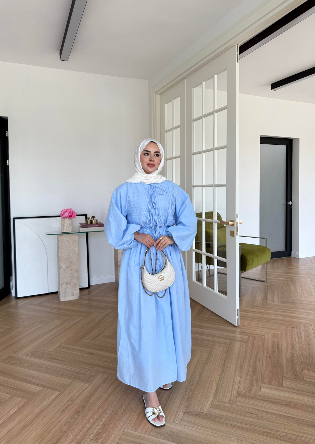 Nua Nervürlü Vual Elbise Mavi