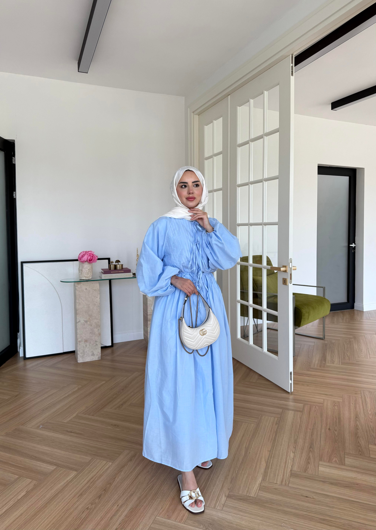 Nua Nervürlü Vual Elbise Mavi