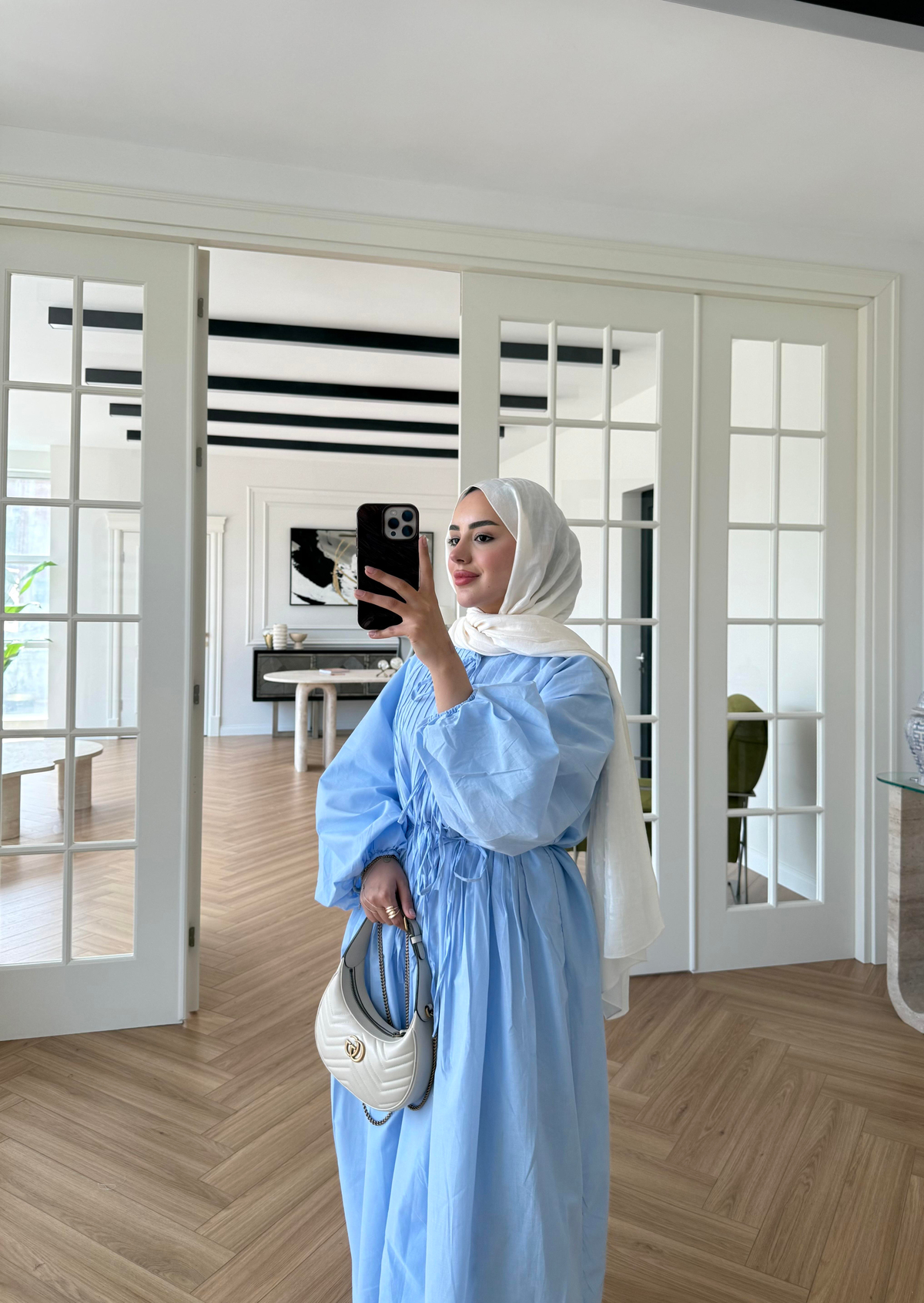 Nua Nervürlü Vual Elbise Mavi