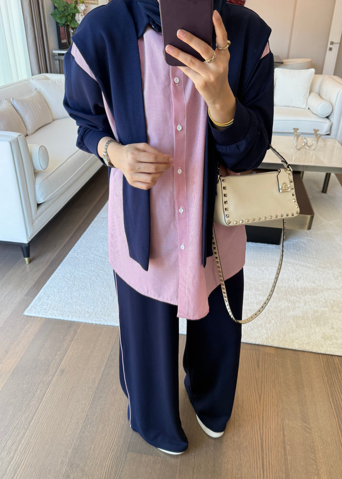 Omuzdan Bağlamalı Garnili Takım Pembe-Lacivert