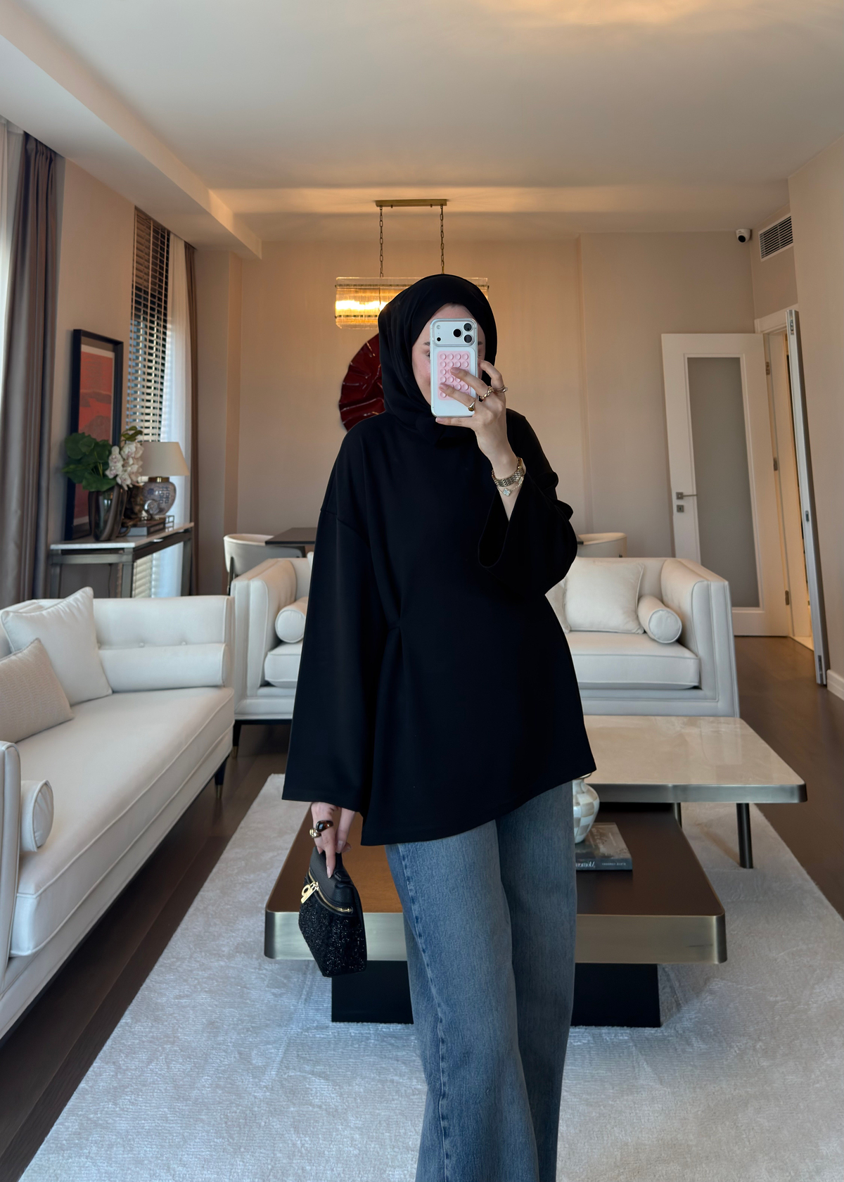 Önü Bağlama Detaylı Sweat Siyah