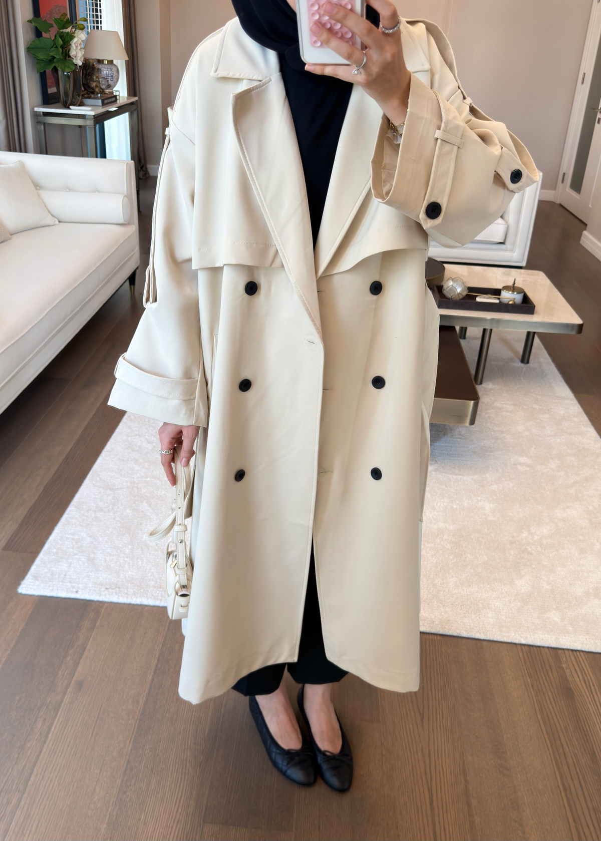 Oversize Düğmeli Kruvaze Trençkot Bej