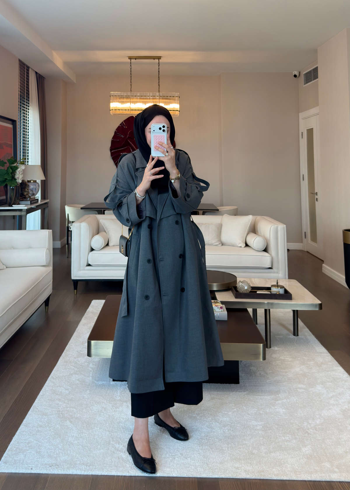 Oversize Düğmeli Kruvaze Trençkot Gri
