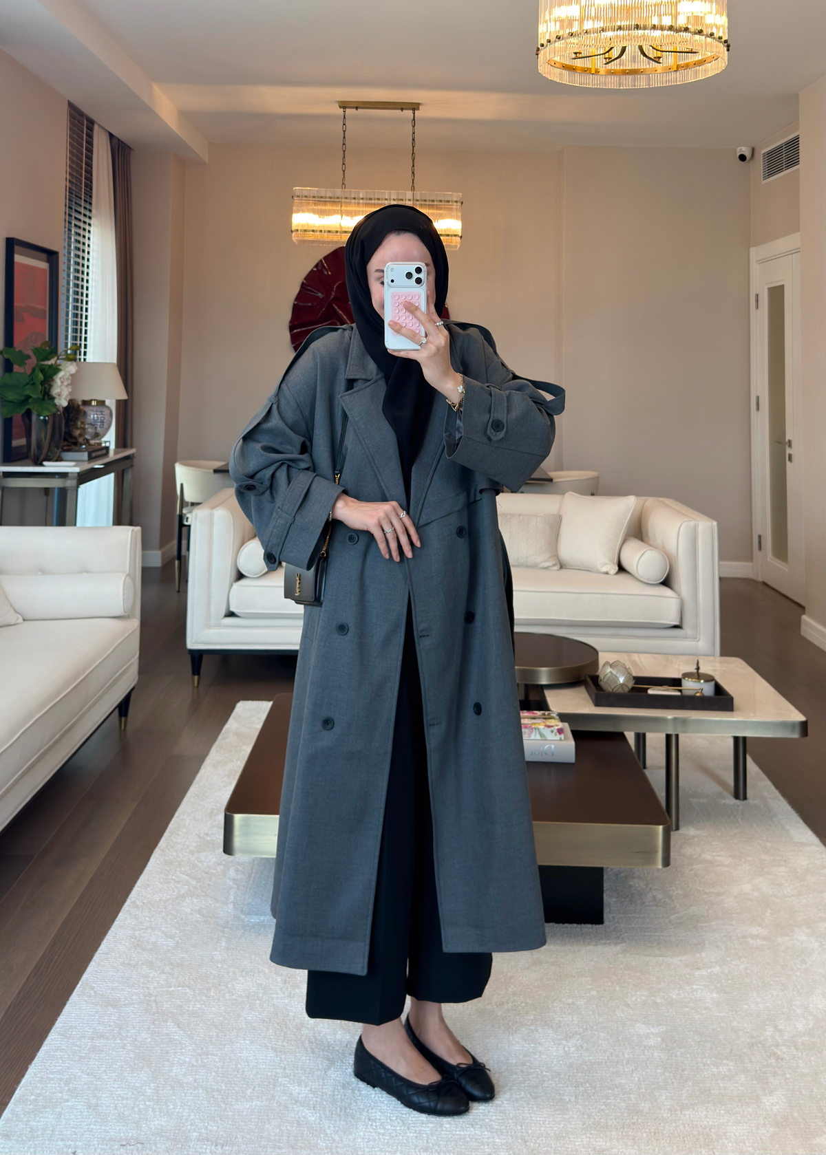 Oversize Düğmeli Kruvaze Trençkot Gri