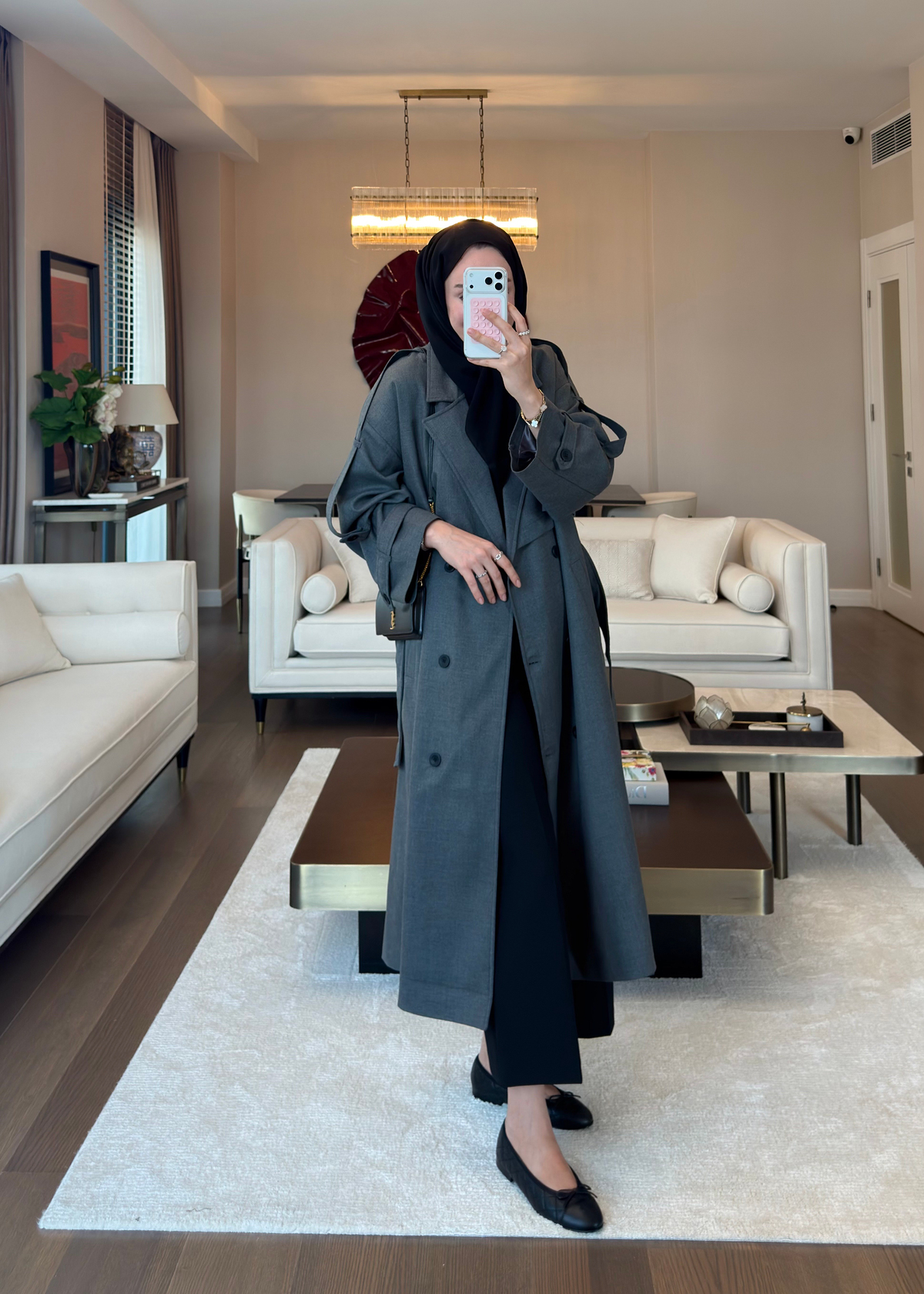 Oversize Düğmeli Kruvaze Trençkot Gri