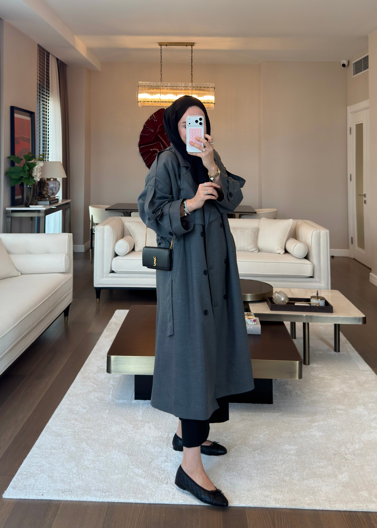 Oversize Düğmeli Kruvaze Trençkot Gri