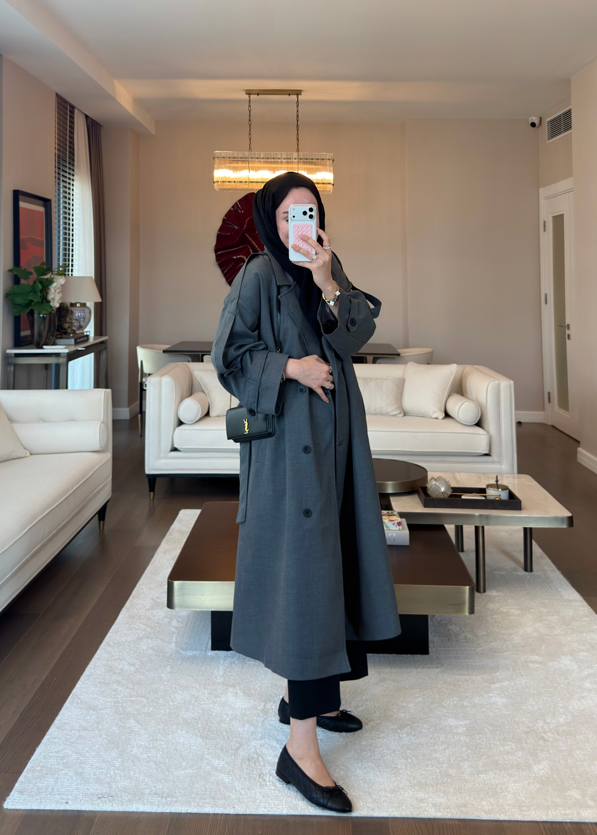 Oversize Düğmeli Kruvaze Trençkot Gri