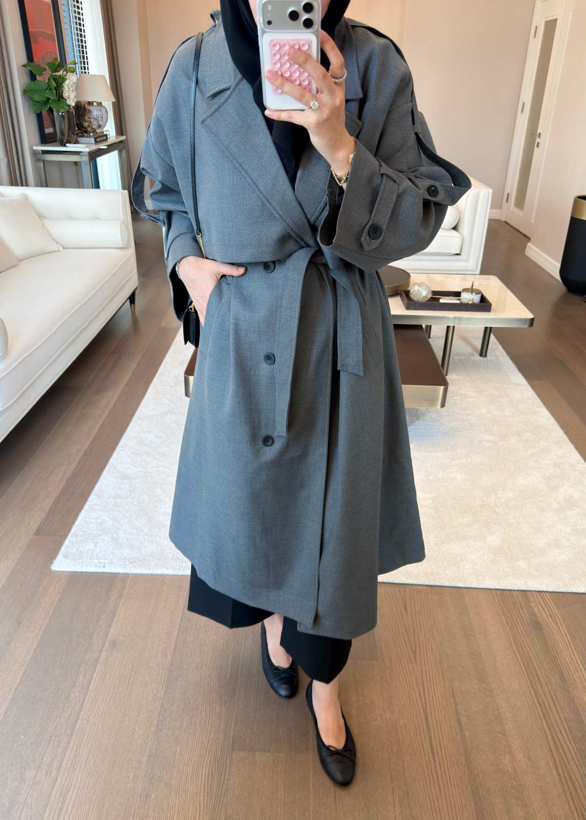 Oversize Düğmeli Kruvaze Trençkot Gri