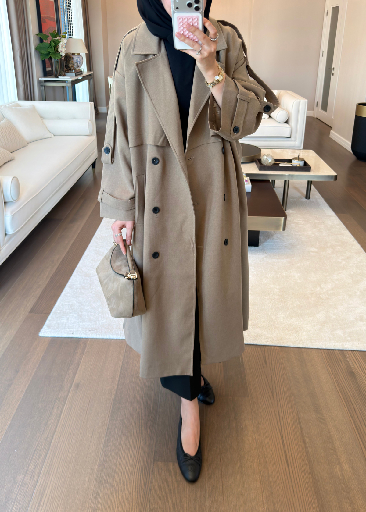 Oversize Düğmeli Kruvaze Trençkot Karamel