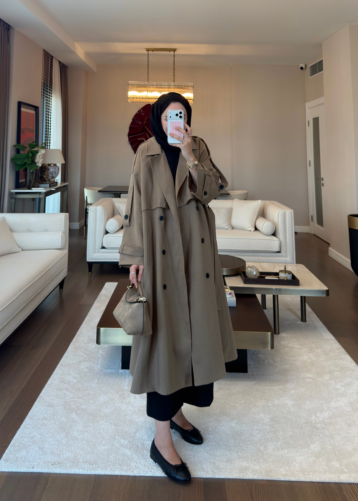Oversize Düğmeli Kruvaze Trençkot Karamel