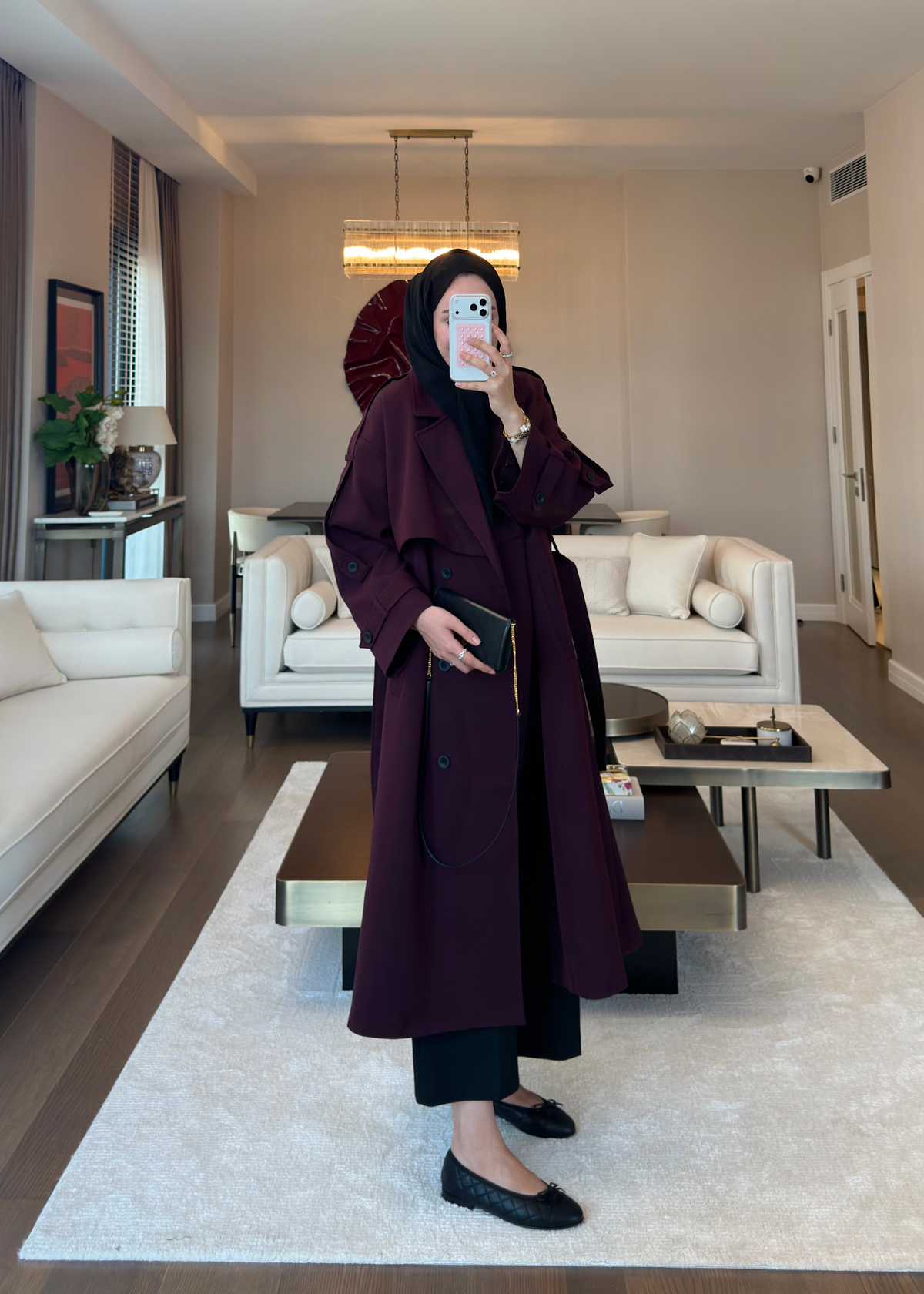 Oversize Düğmeli Kruvaze Trençkot Mürdüm