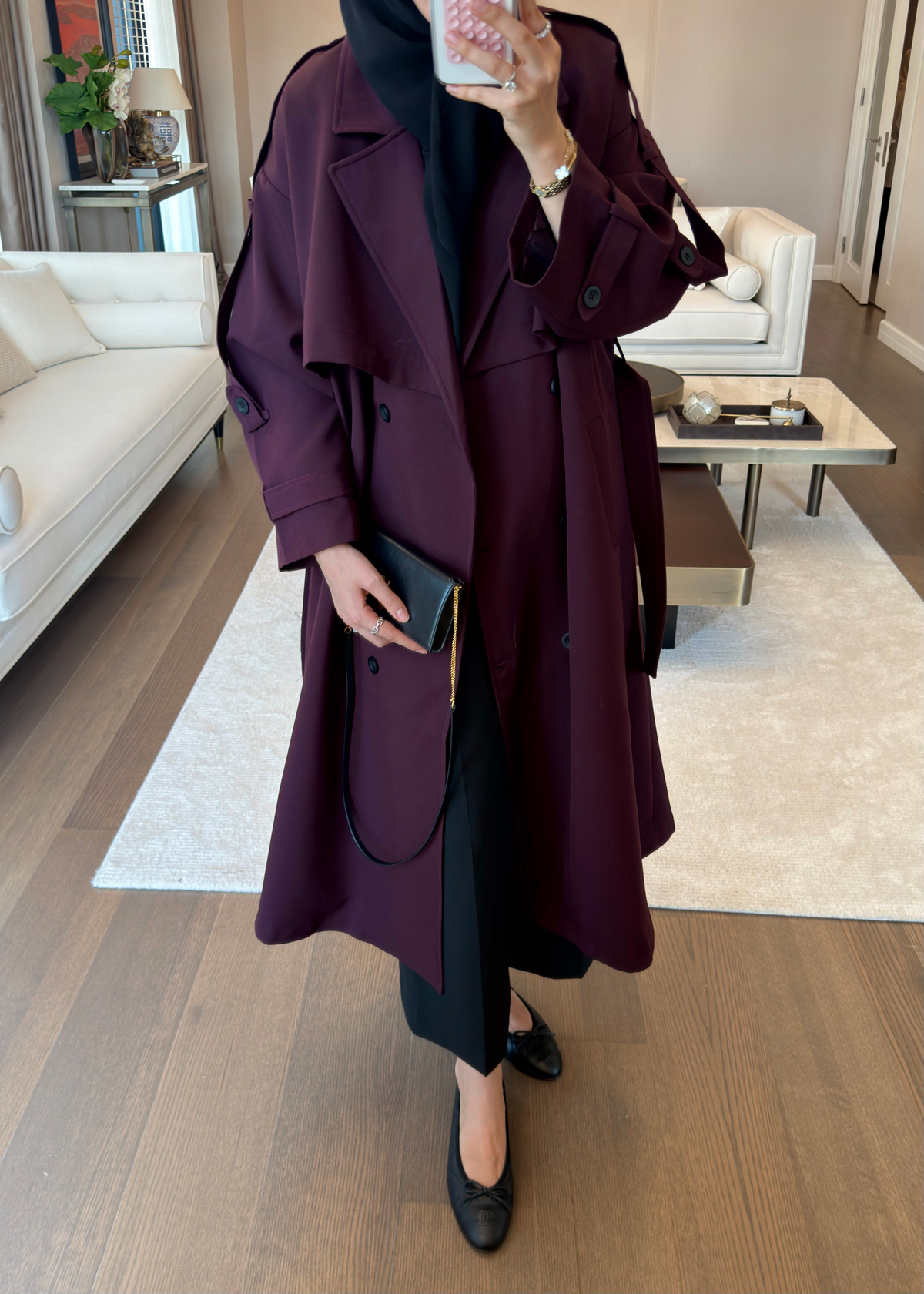 Oversize Düğmeli Kruvaze Trençkot Mürdüm