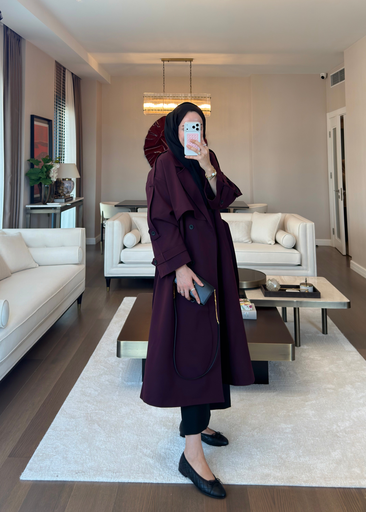 Oversize Düğmeli Kruvaze Trençkot Mürdüm