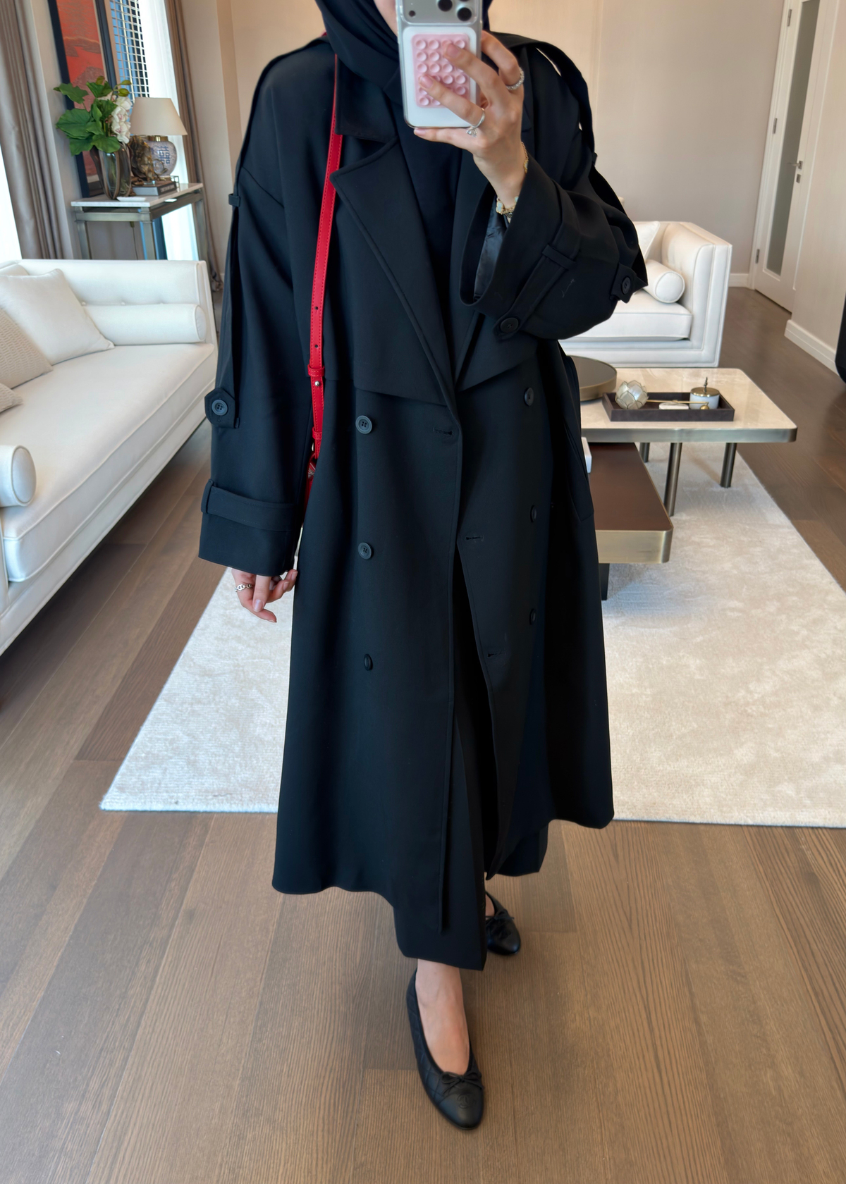 Oversize Düğmeli Kruvaze Trençkot Siyah