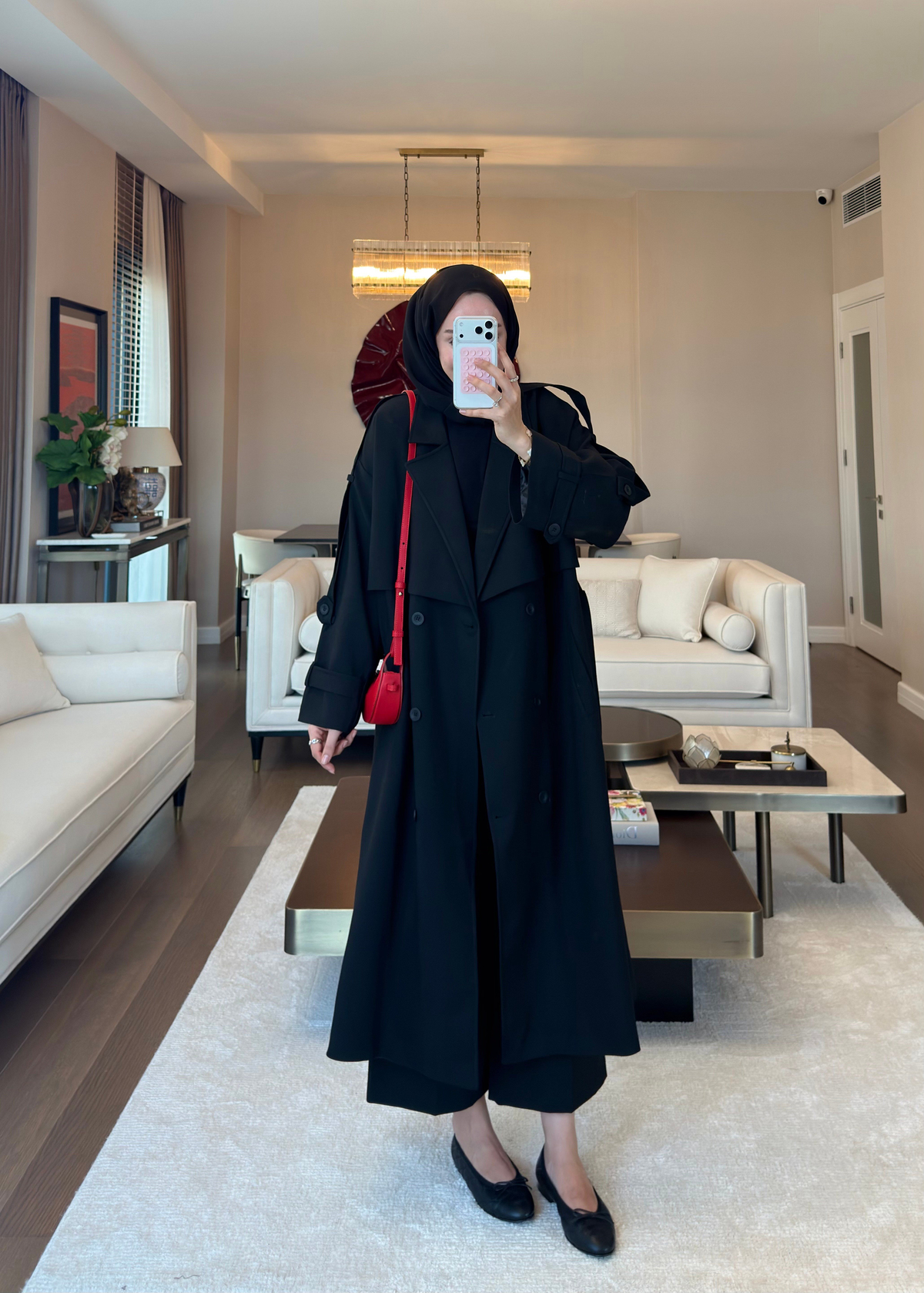 Oversize Düğmeli Kruvaze Trençkot Siyah