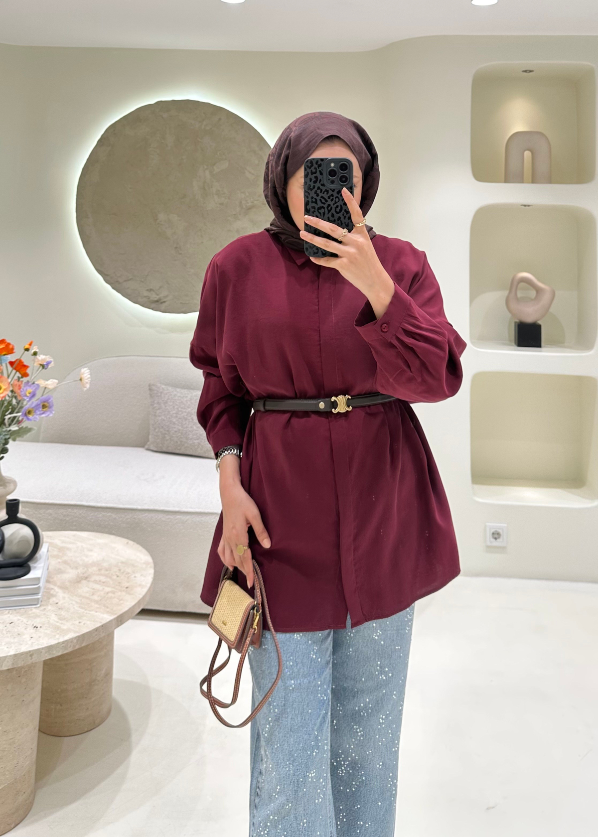 Oversize Tensel Gömlek Bordo 