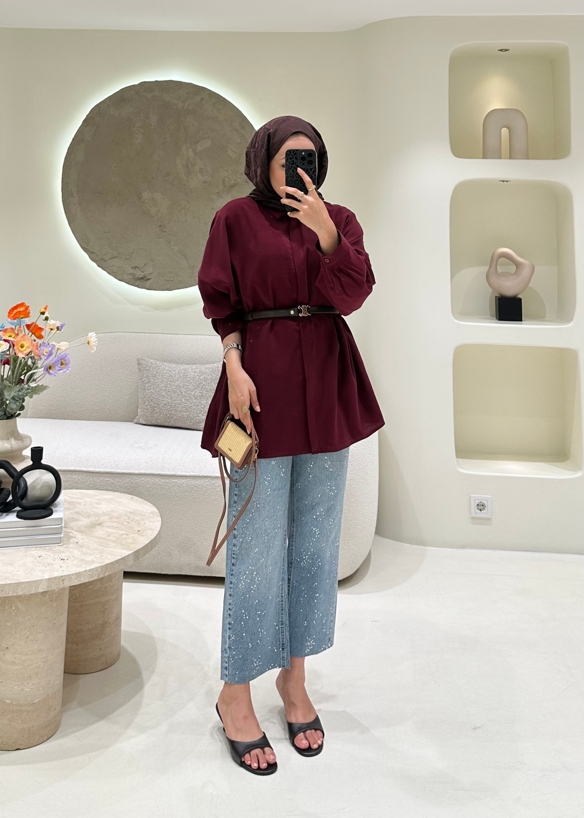 Oversize Tensel Gömlek Bordo 