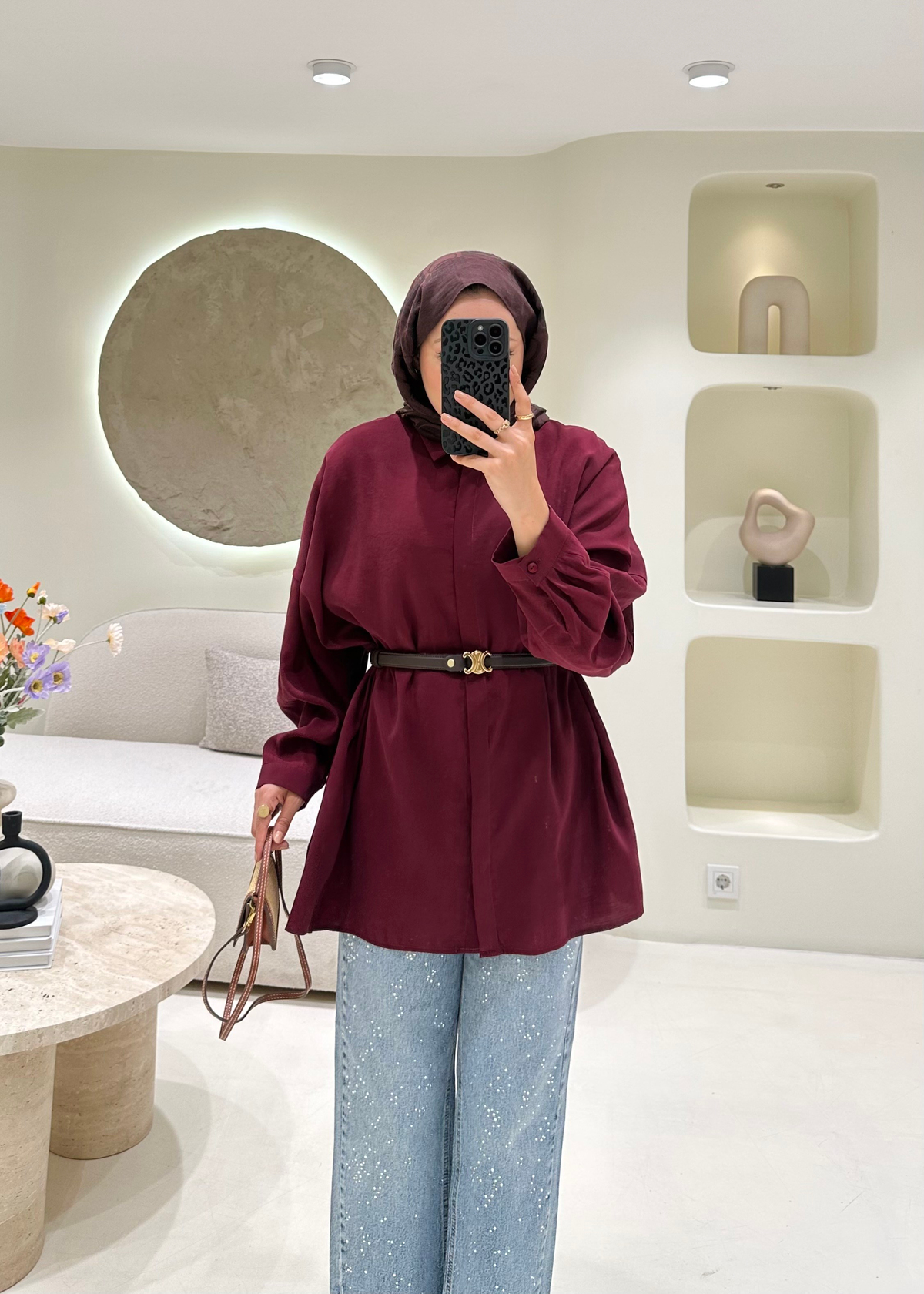 Oversize Tensel Gömlek Bordo 