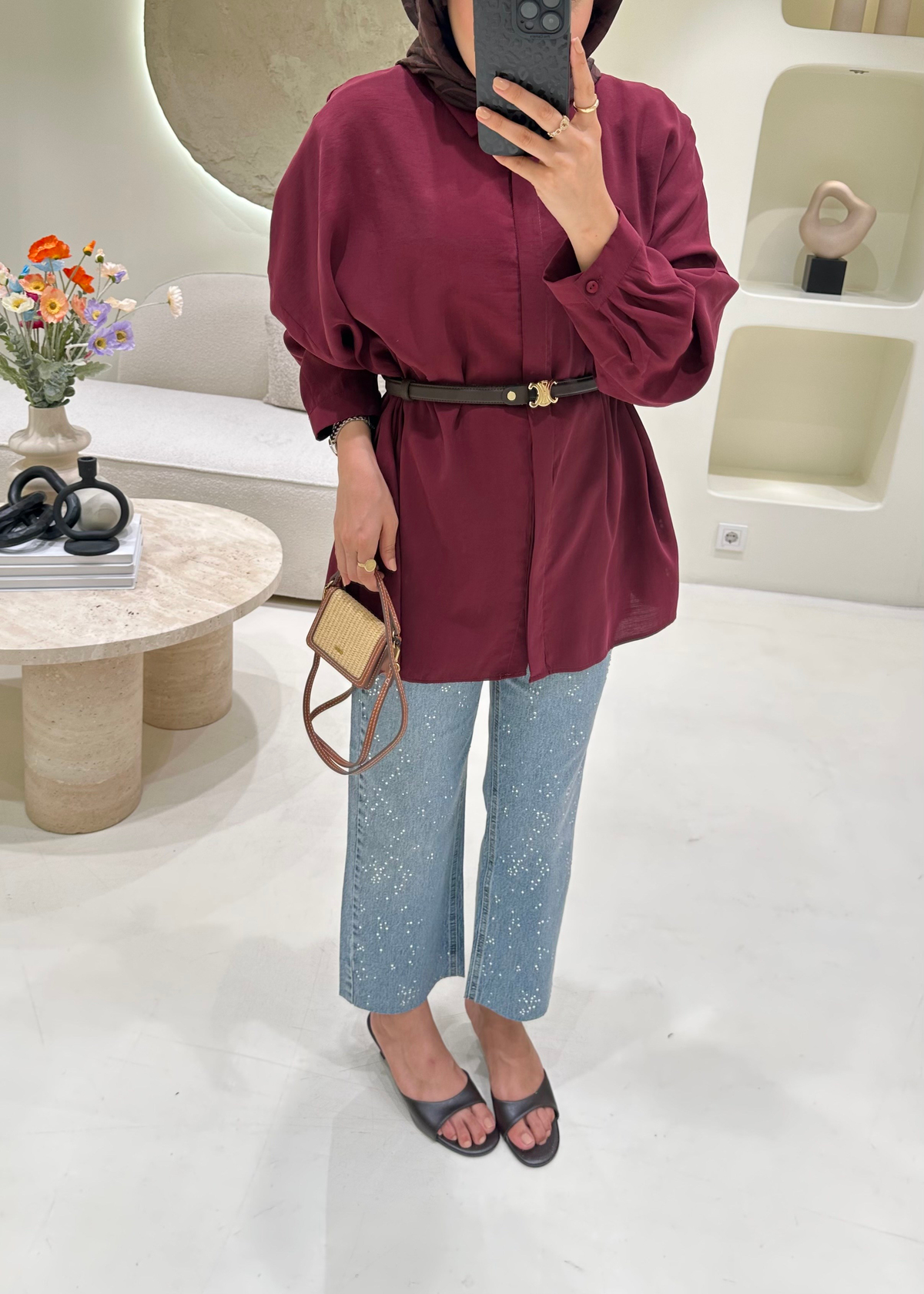Oversize Tensel Gömlek Bordo 
