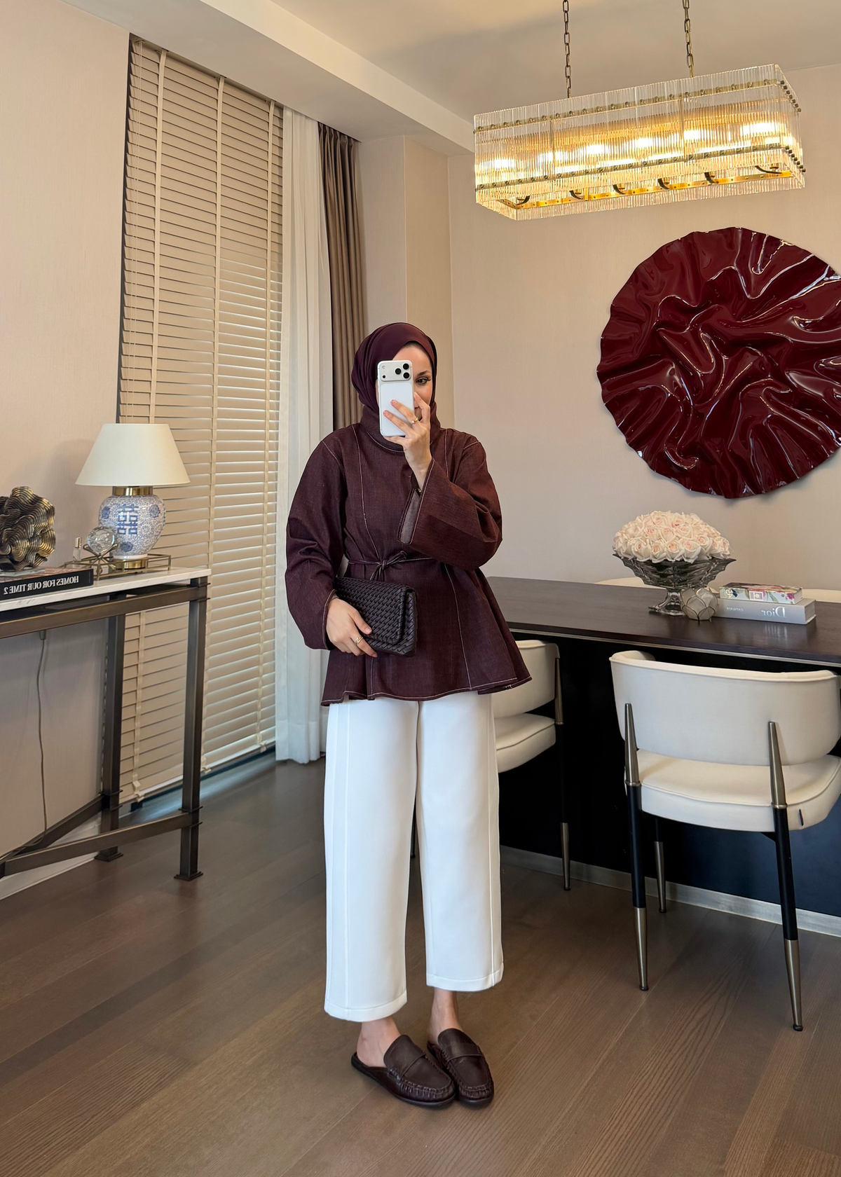 Parçalı Yüksek Yaka Denim Gömlek Bordo