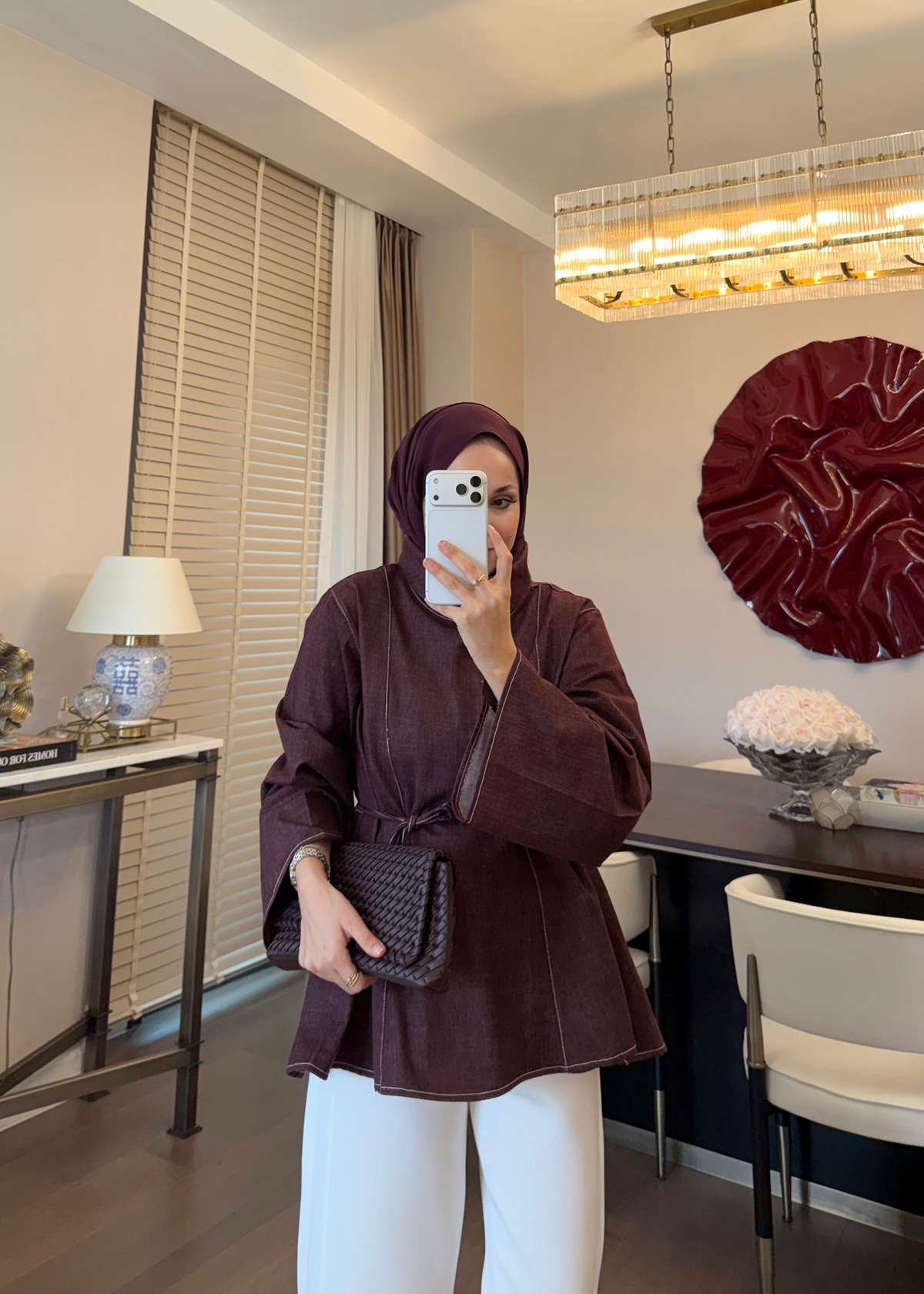 Parçalı Yüksek Yaka Denim Gömlek Bordo