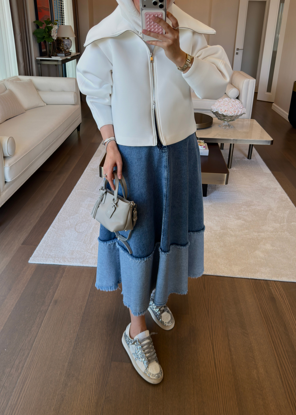 Patchwork Denim Etek Mavi