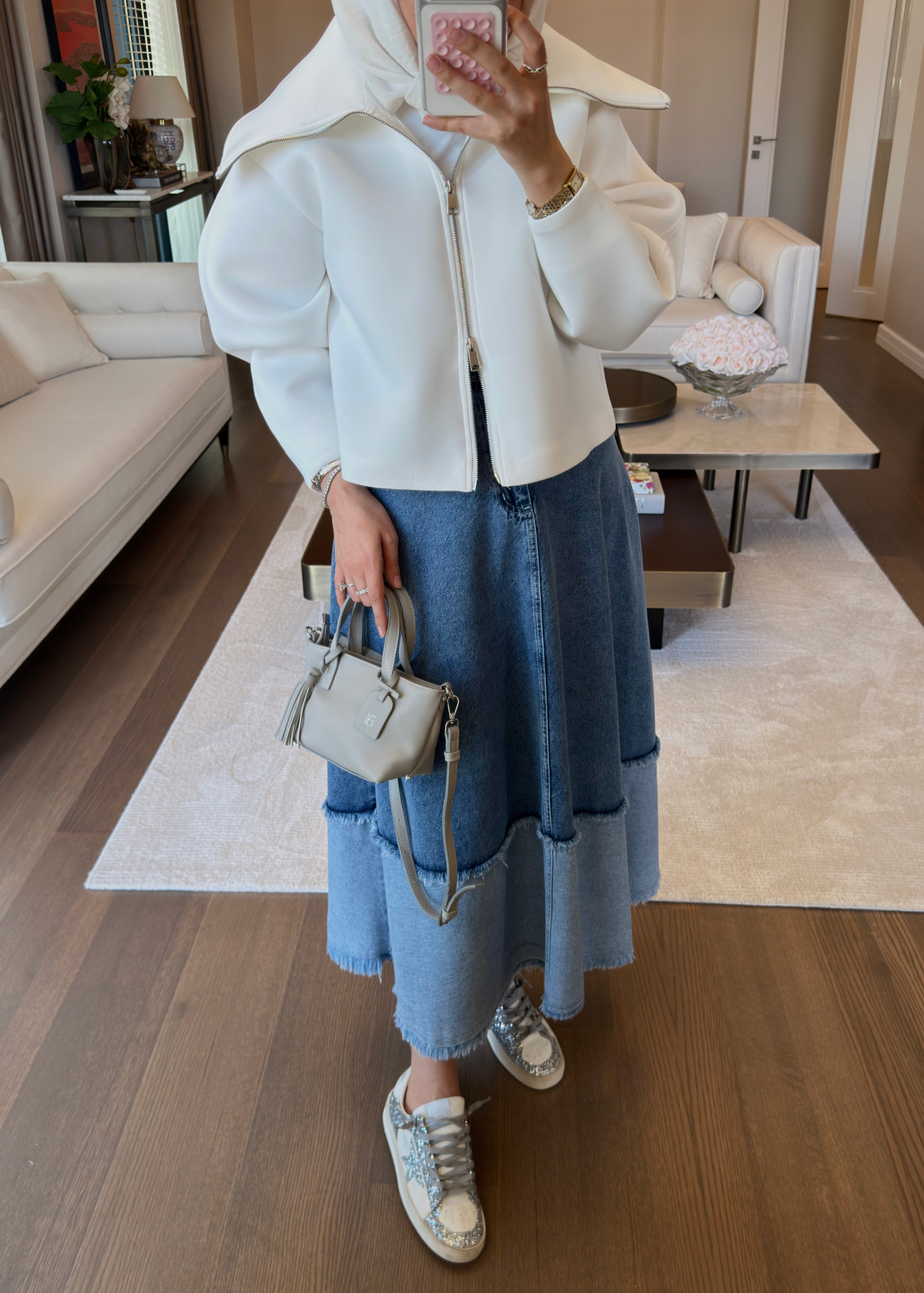 Patchwork Denim Etek Mavi