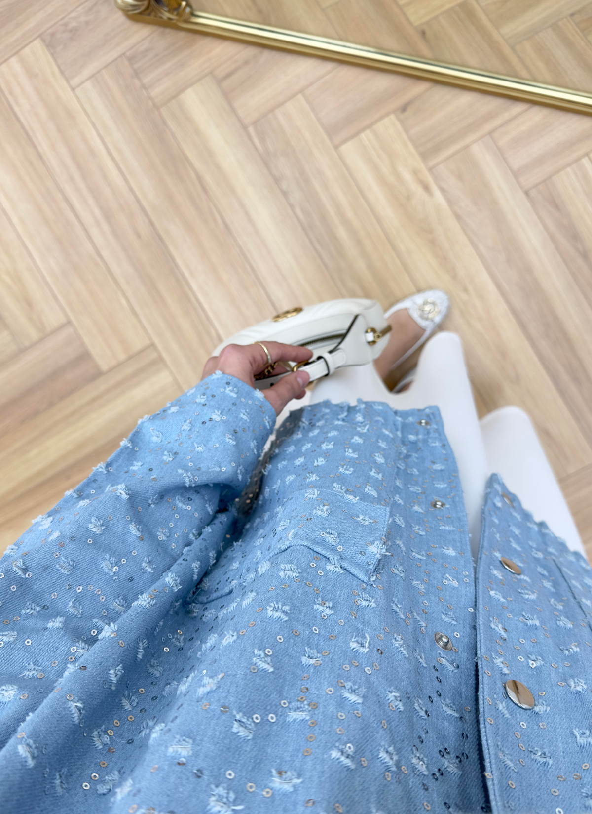 Payetli Denim Ceket Açık Mavi