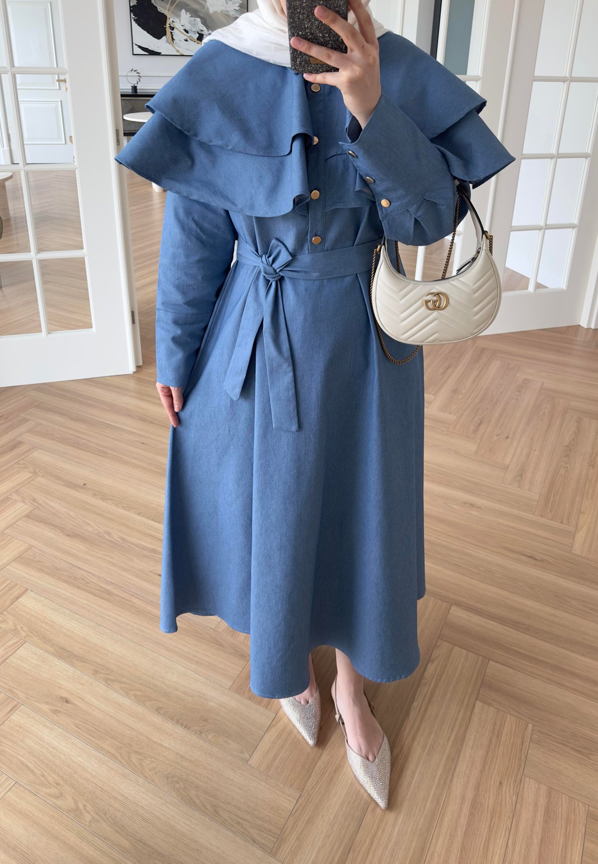 Pelerinli Denim Elbise Açık Mavi