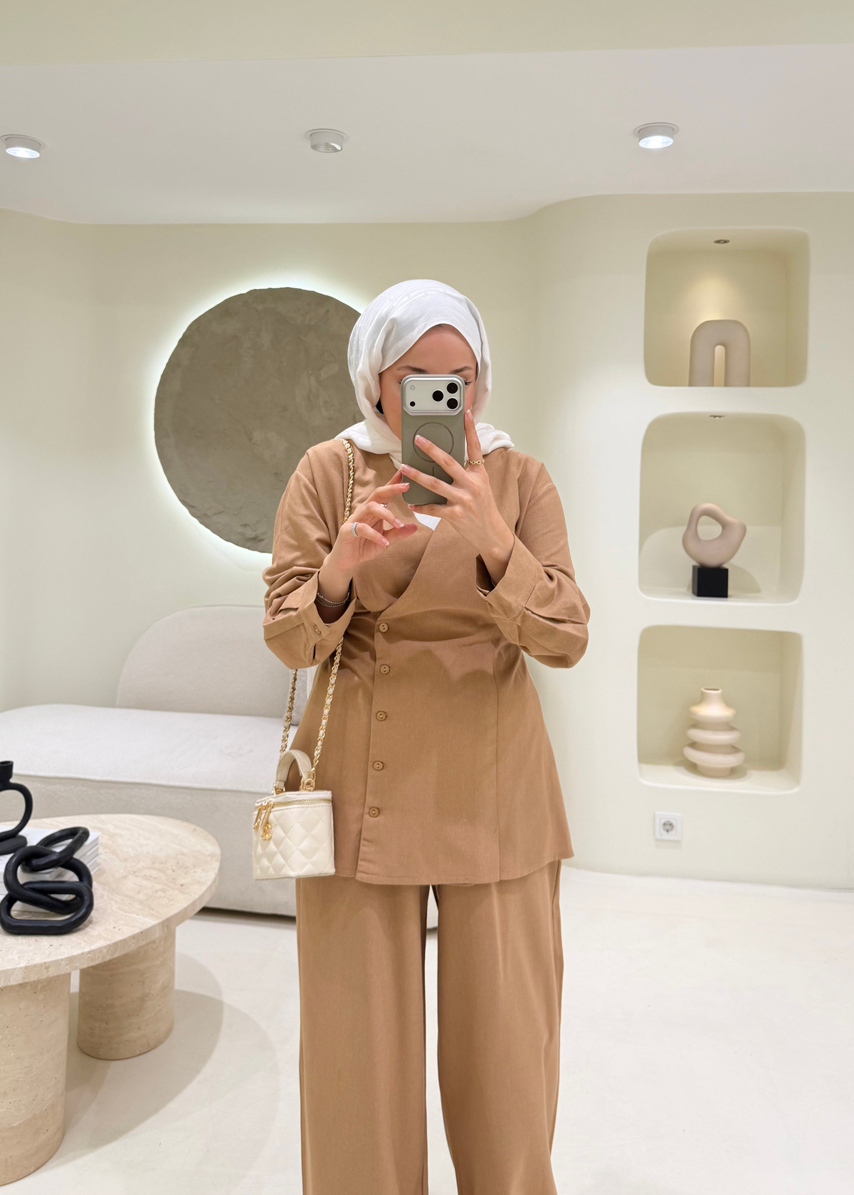 Pens Detaylı Keten Takım Camel