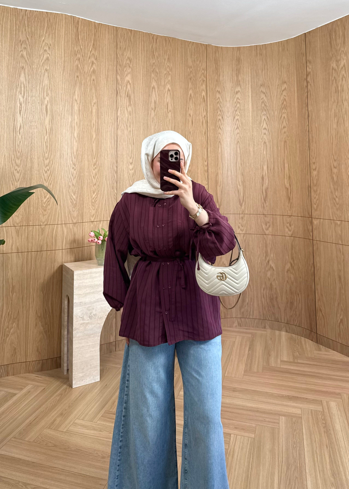 Perla Çizgili Modal Gömlek Mürdüm 