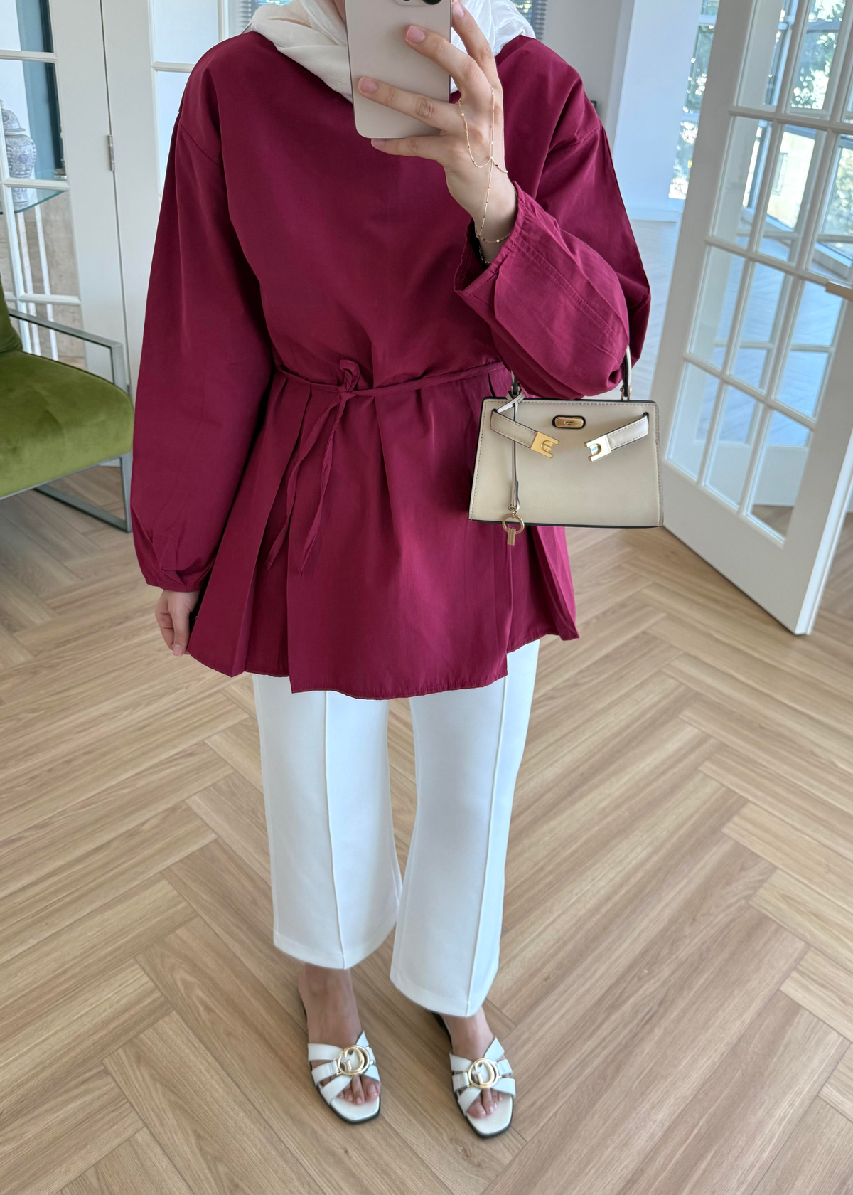 Pile Detaylı Poplin Gömlek Bordo