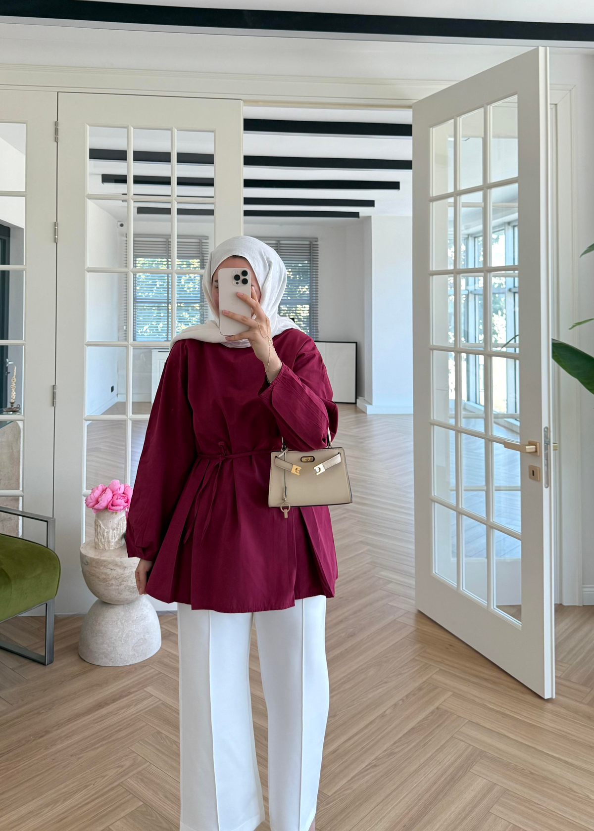 Pile Detaylı Poplin Gömlek Bordo