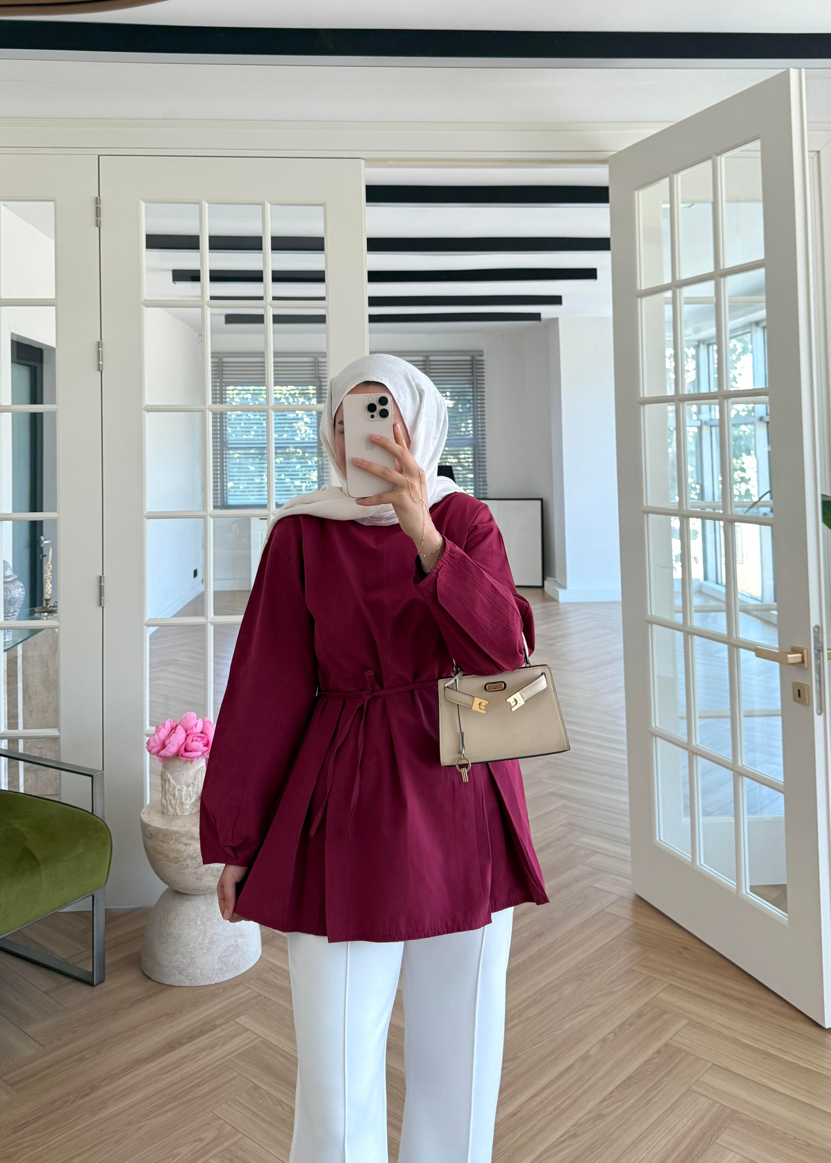 Pile Detaylı Poplin Gömlek Bordo