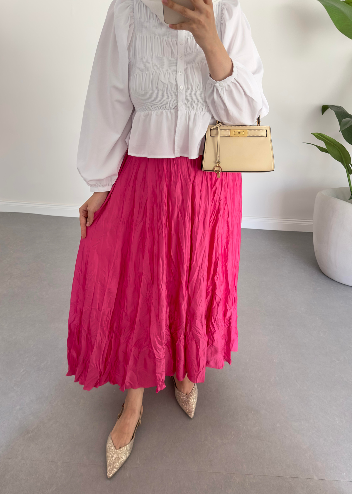 Pile Kırınkıl Saten Etek Fuşya