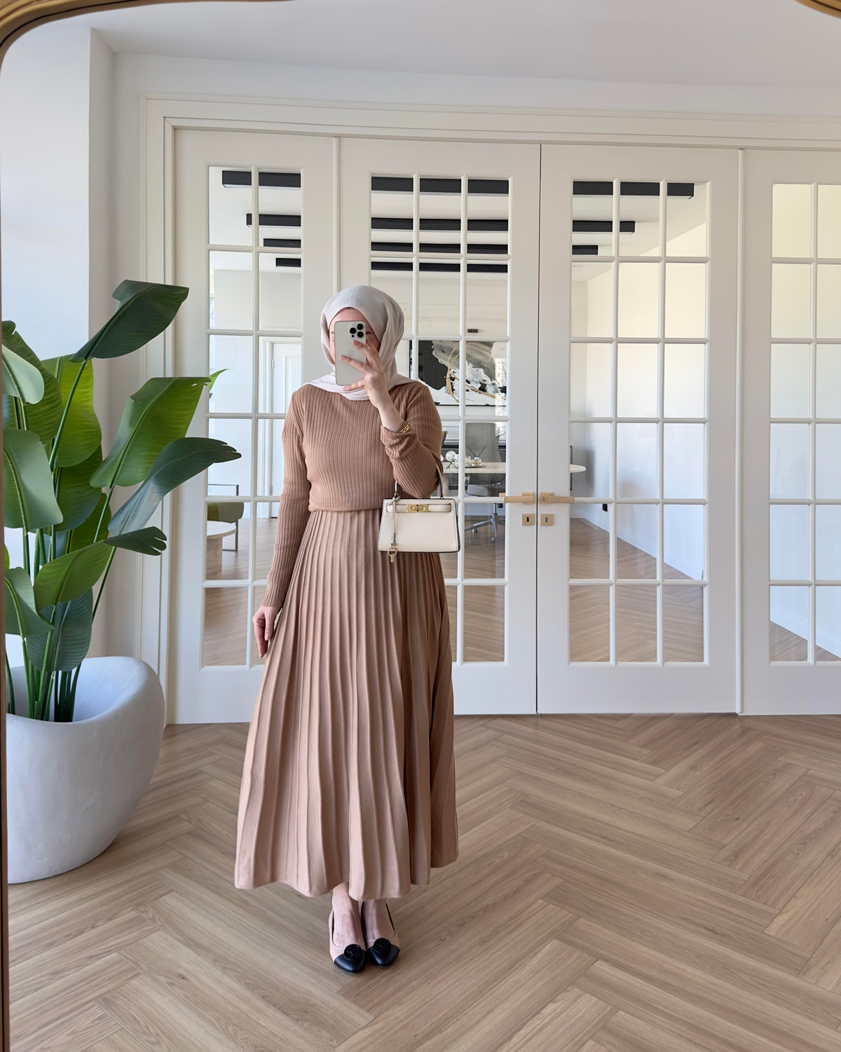 Pileli Triko Elbise Camel