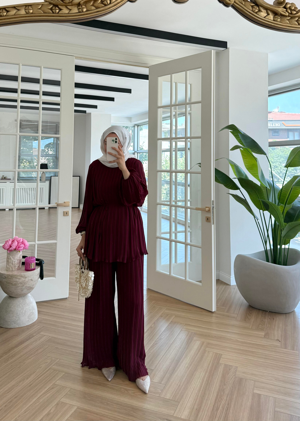 Piliseli Şifon Takım Bordo