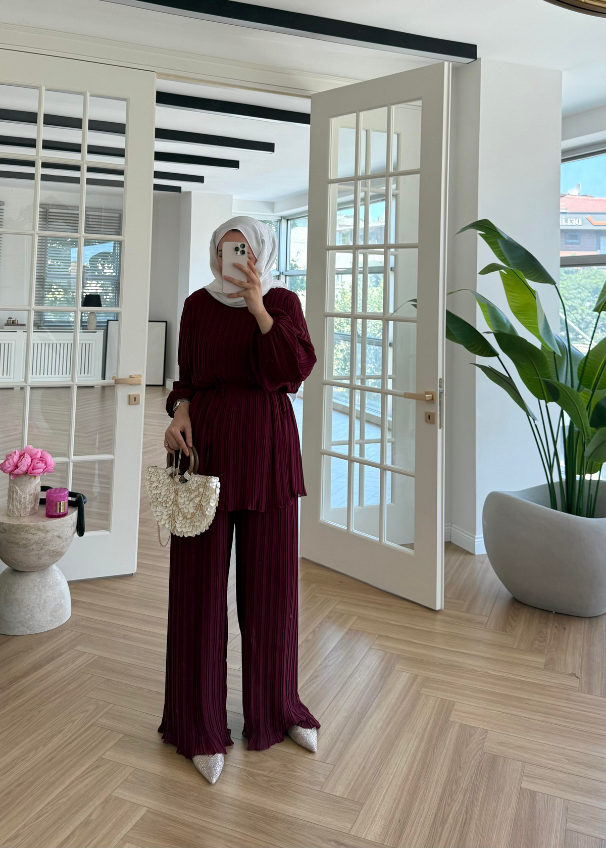 Piliseli Şifon Takım Bordo