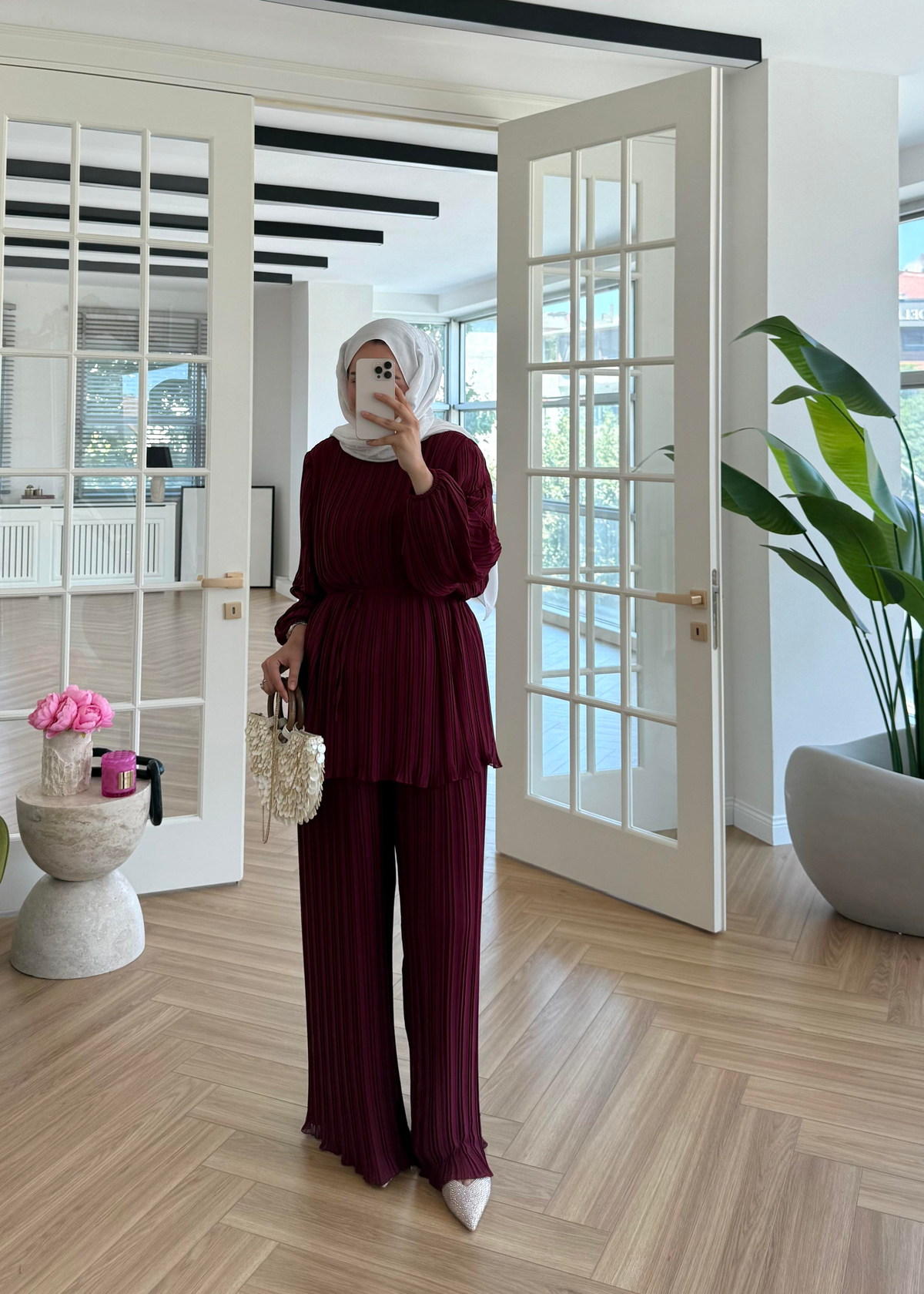 Piliseli Şifon Takım Bordo