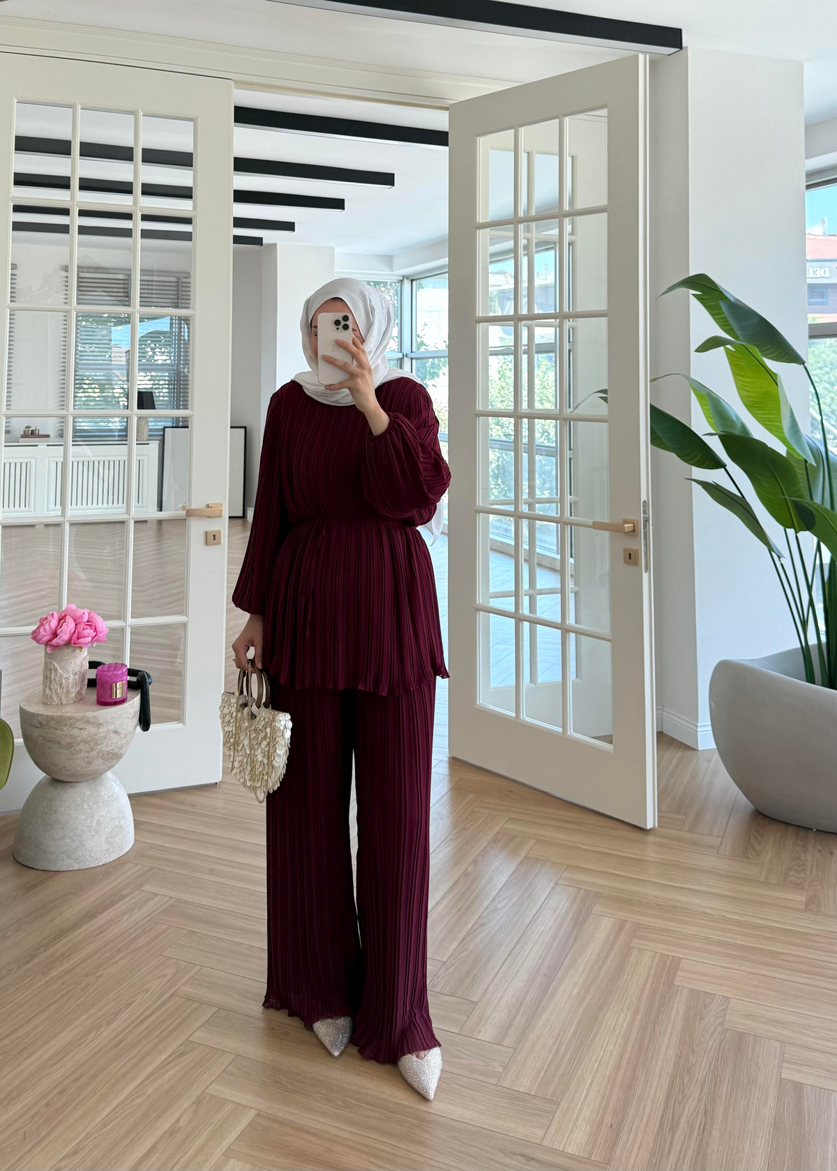 Piliseli Şifon Takım Bordo