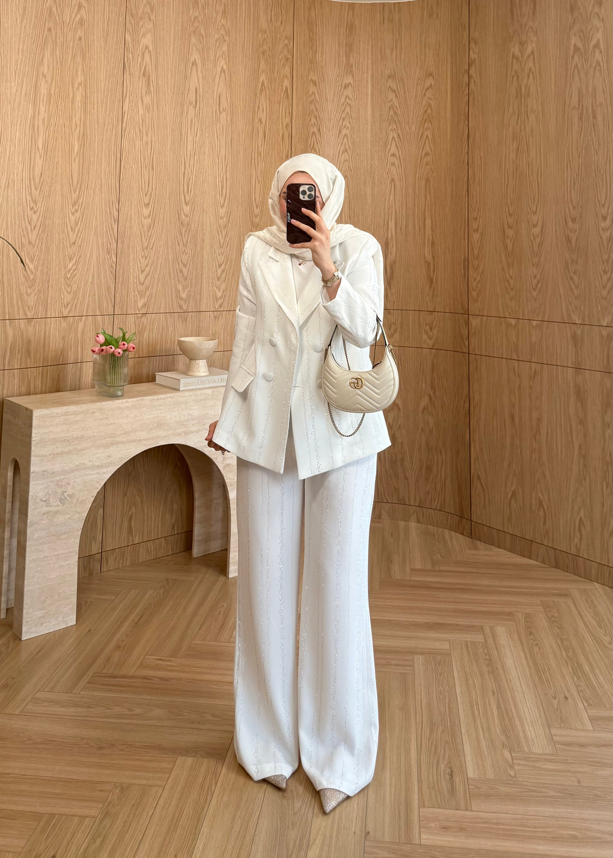 Premium Taş Şeritli Blazer Takım Ekru  