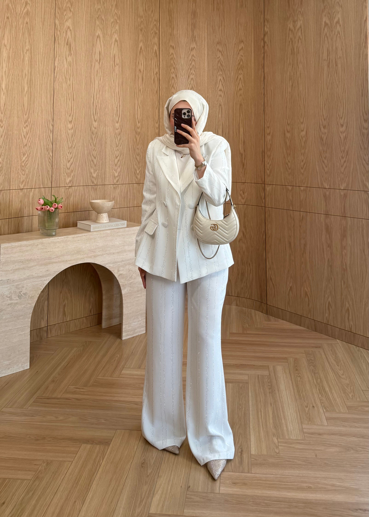 Premium Taş Şeritli Blazer Takım Ekru  