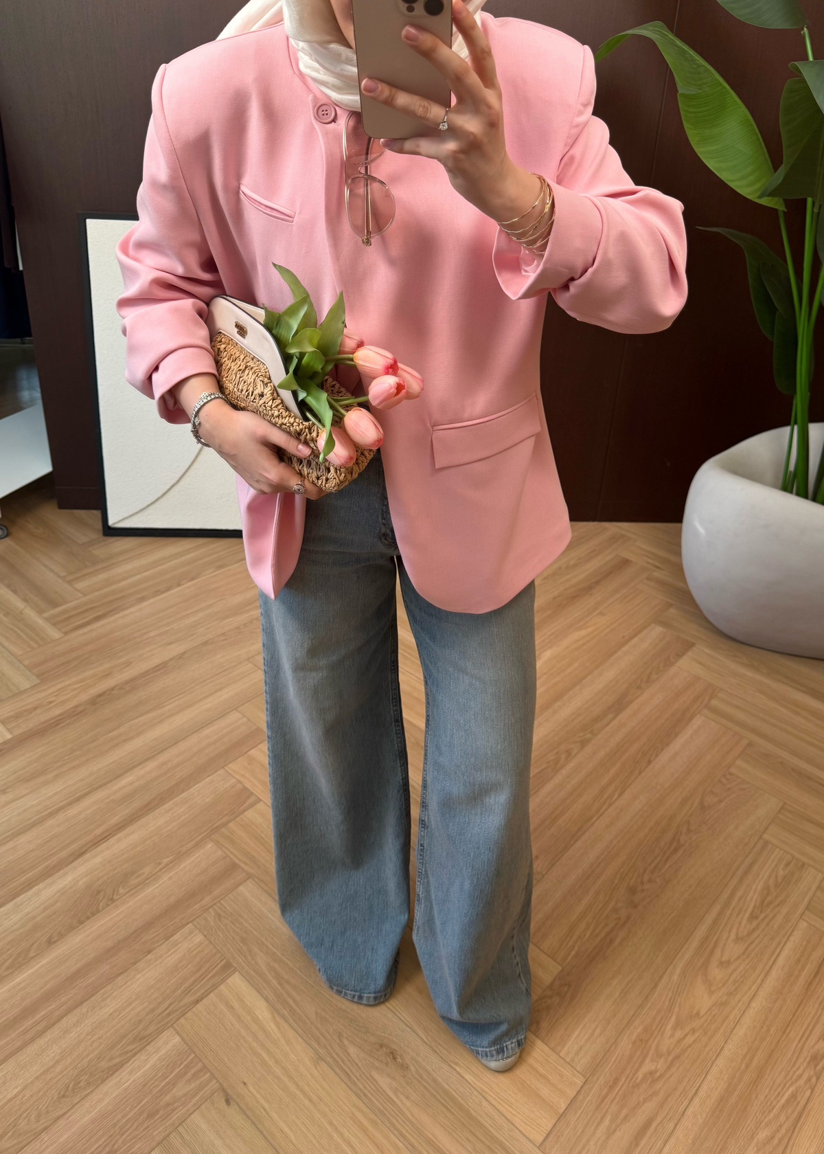 Premium Tek Düğmeli Blazer Pembe 