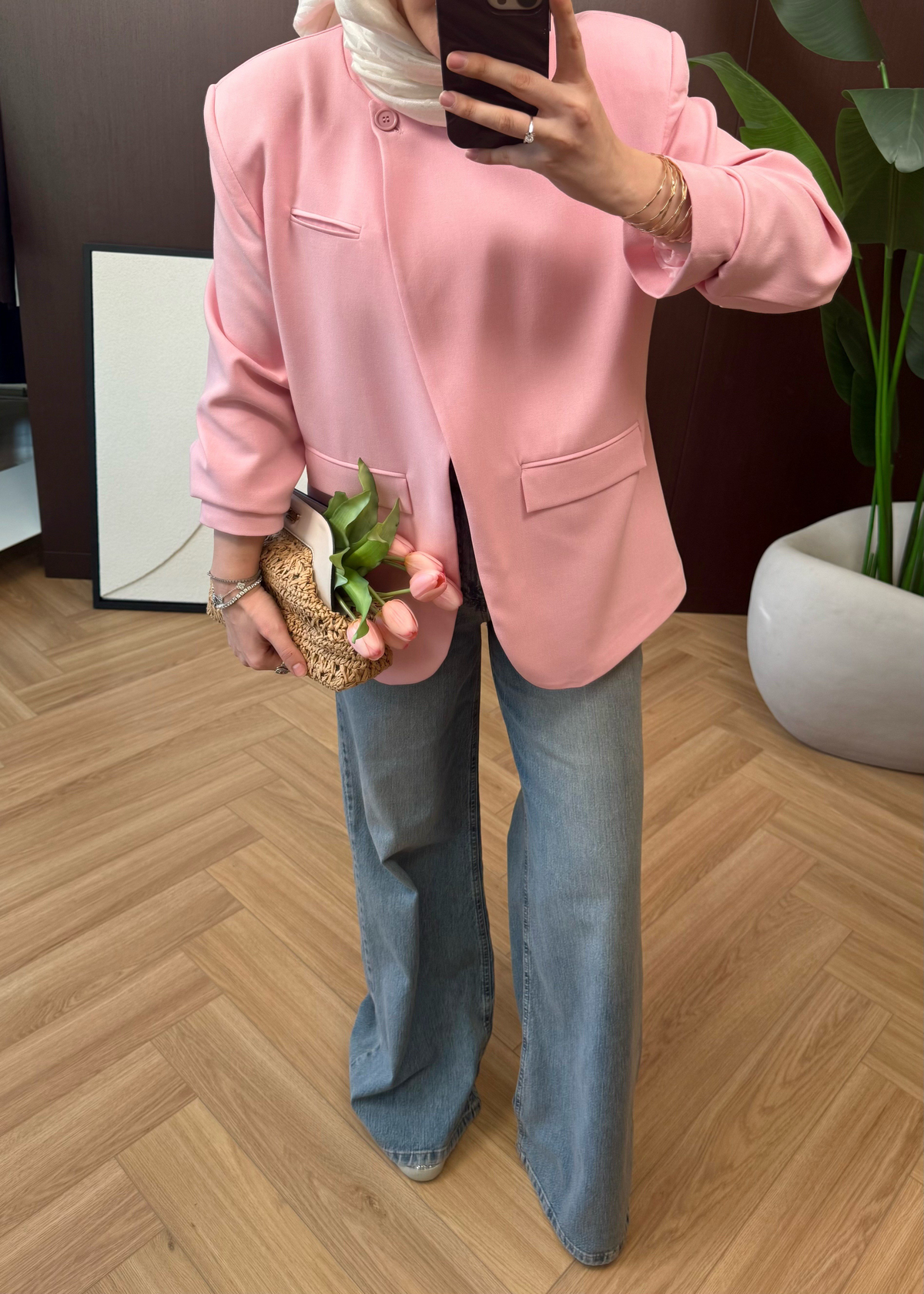Premium Tek Düğmeli Blazer Pembe 