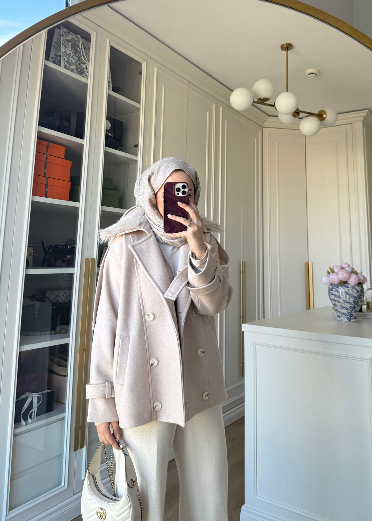 Premium Yakası Kürklü Kısa Kaban Taş