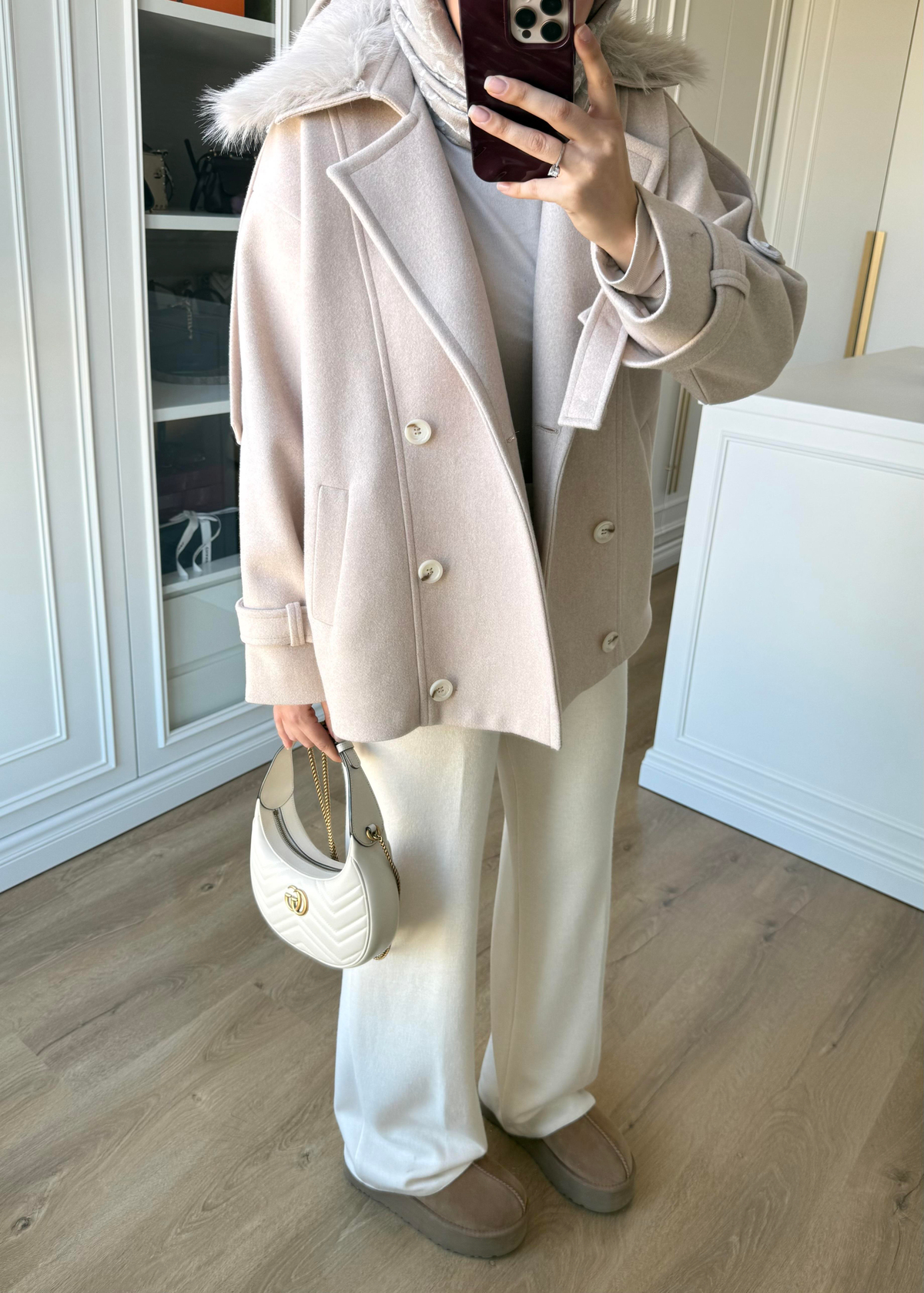 Premium Yakası Kürklü Kısa Kaban Taş