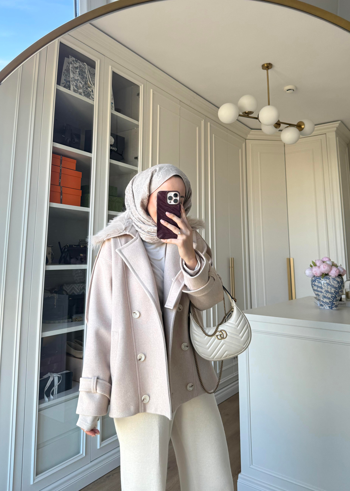 Premium Yakası Kürklü Kısa Kaban Taş